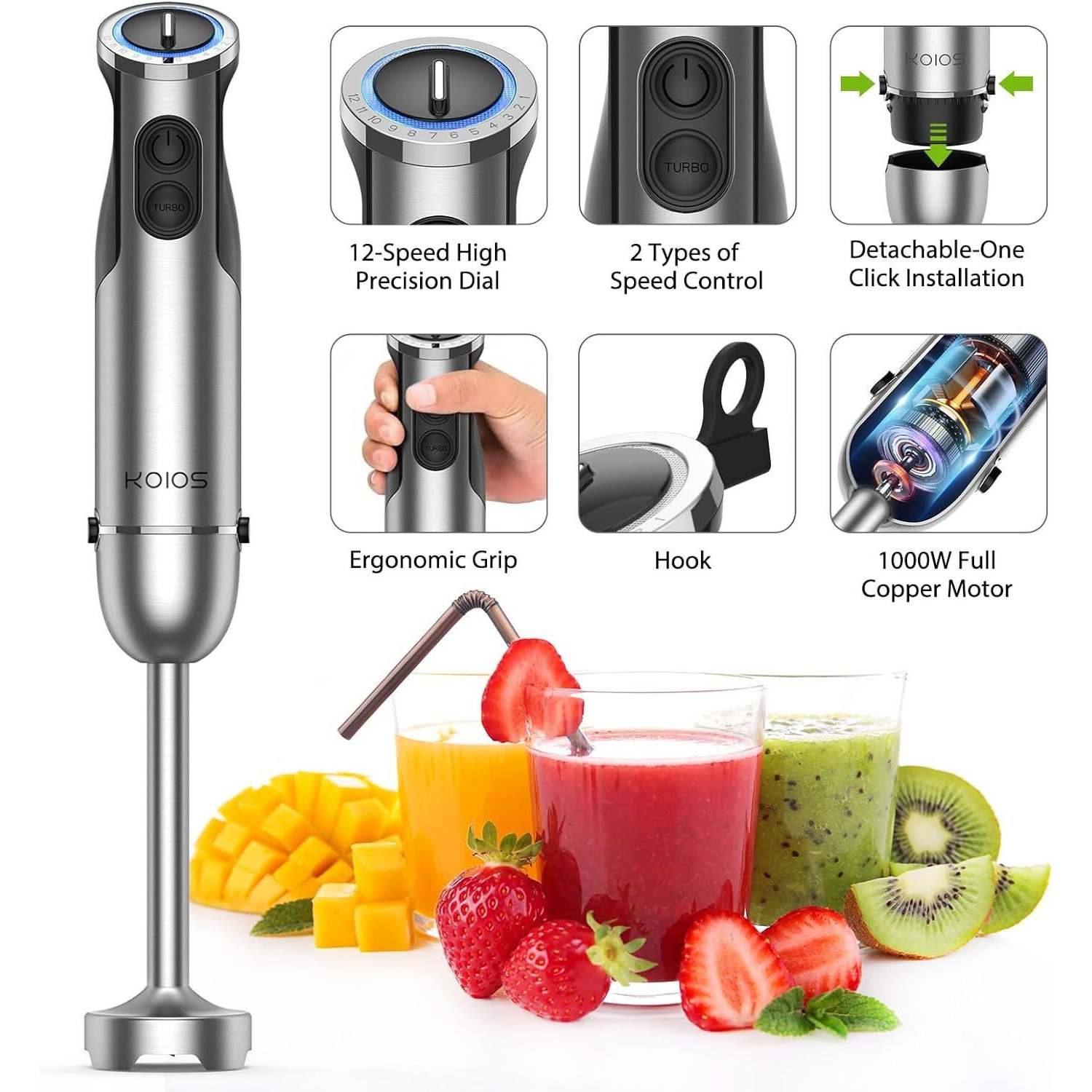 KOIOS Immersion Hand Blender, 5-in-1 Hand Blender with Entire Stainless Steel Blender Shaft, Full Copper Motor, Built in 12 Speed Turbo Stick Blender, Handheld blender for Baby food, Smoothies, Soups