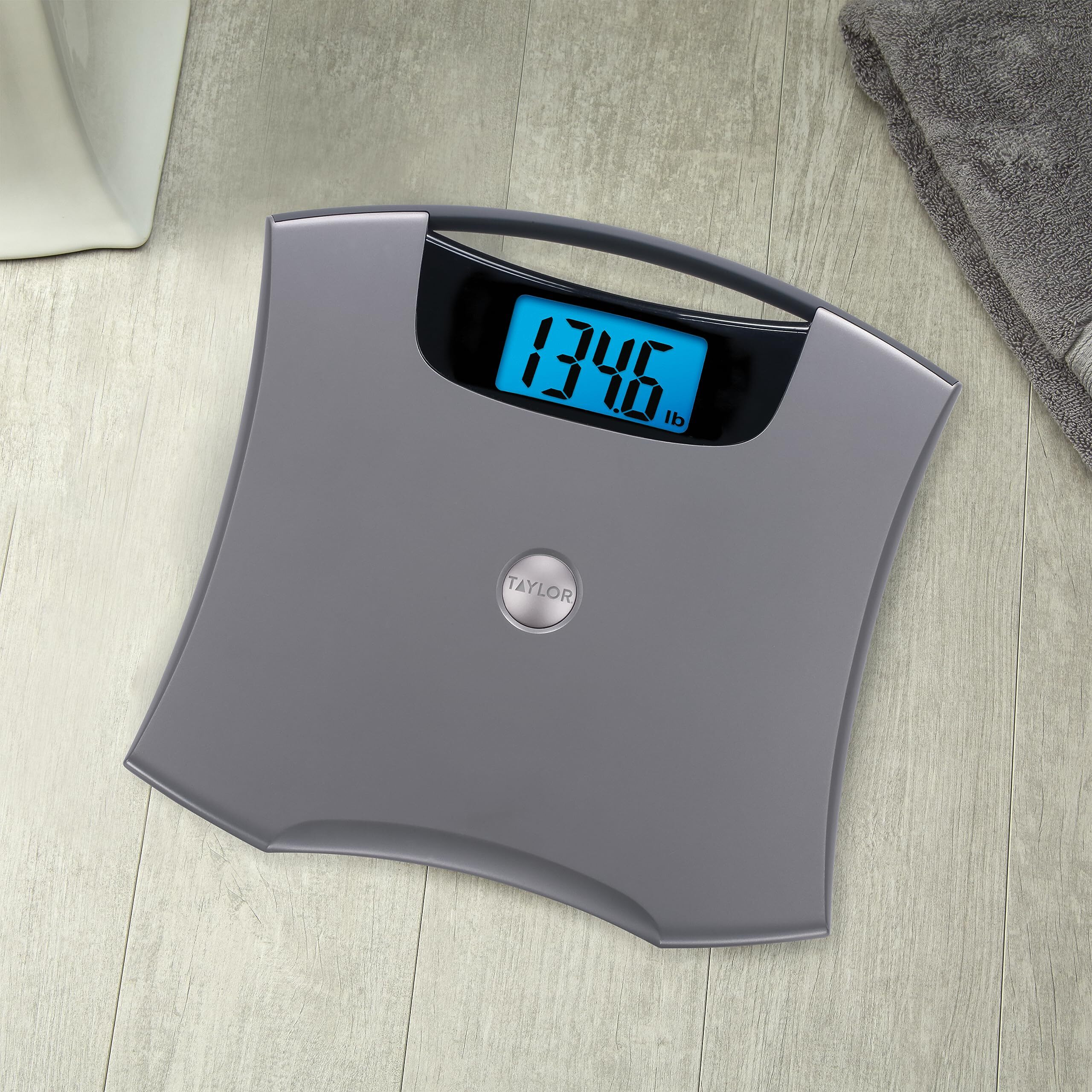 Taylor Precision Products Digital Scales for Body Weight, Extra High 440 LB Capacity, Built in Handle, Jumbo Blue Readout, Durable Platform, 13.0 x 12.0 Inches, Silver Metallic
