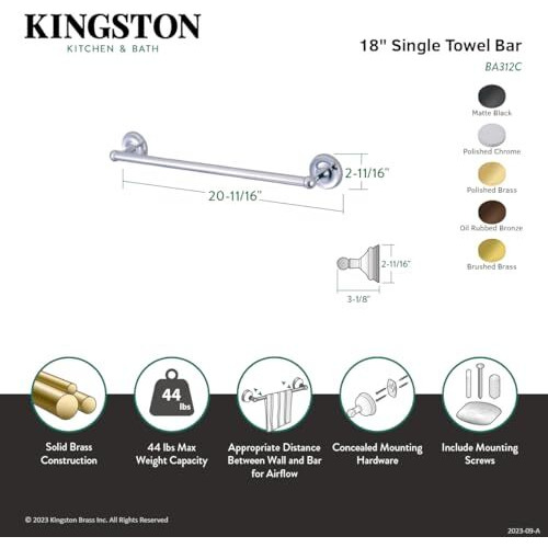 Kingston Brass BA312PB Classic 18" Towel Bar, Polished Brass