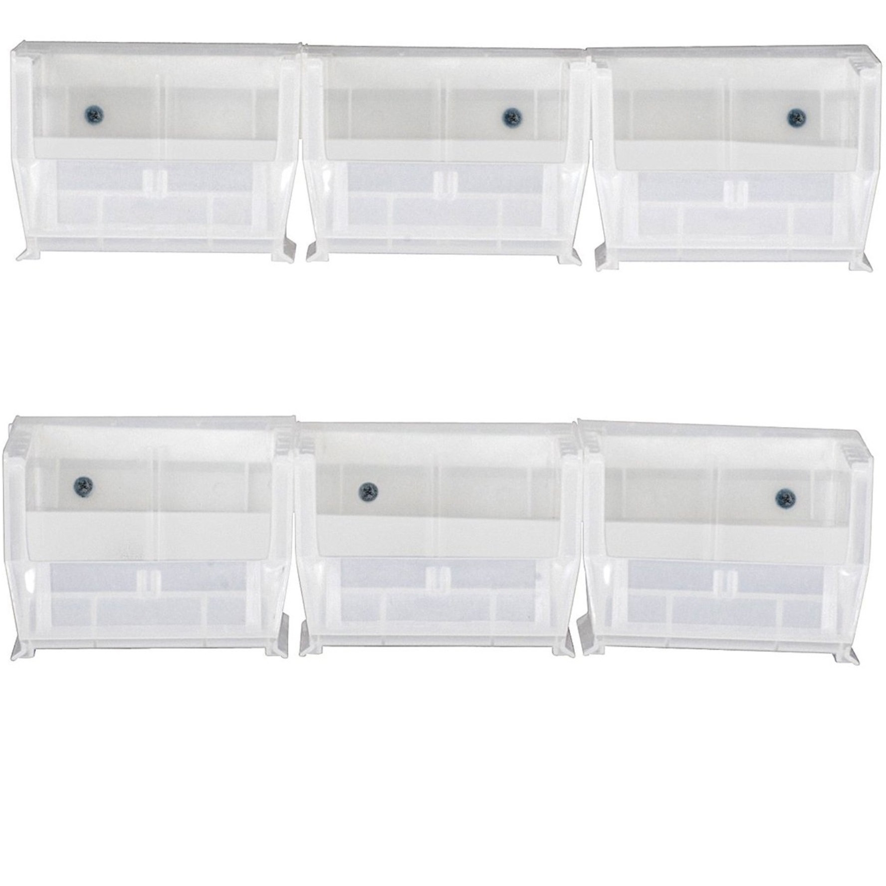 Hang-n-Stack Bin,  package, includes (6) 5-3/8L x 4-1/8W x 3H (QUS210) clear bin and (2) bin rails