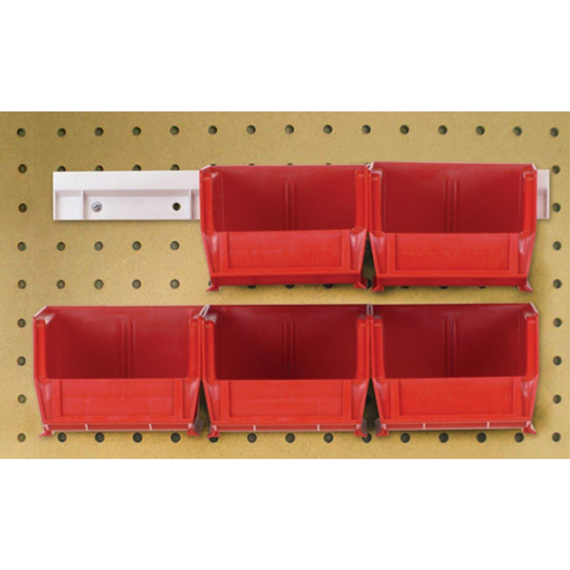 Hang-n-Stack Bin,  package, includes (4) 10-7/8L x 5-1/2W x 5H (QUS230) red bin and (2) bin rails