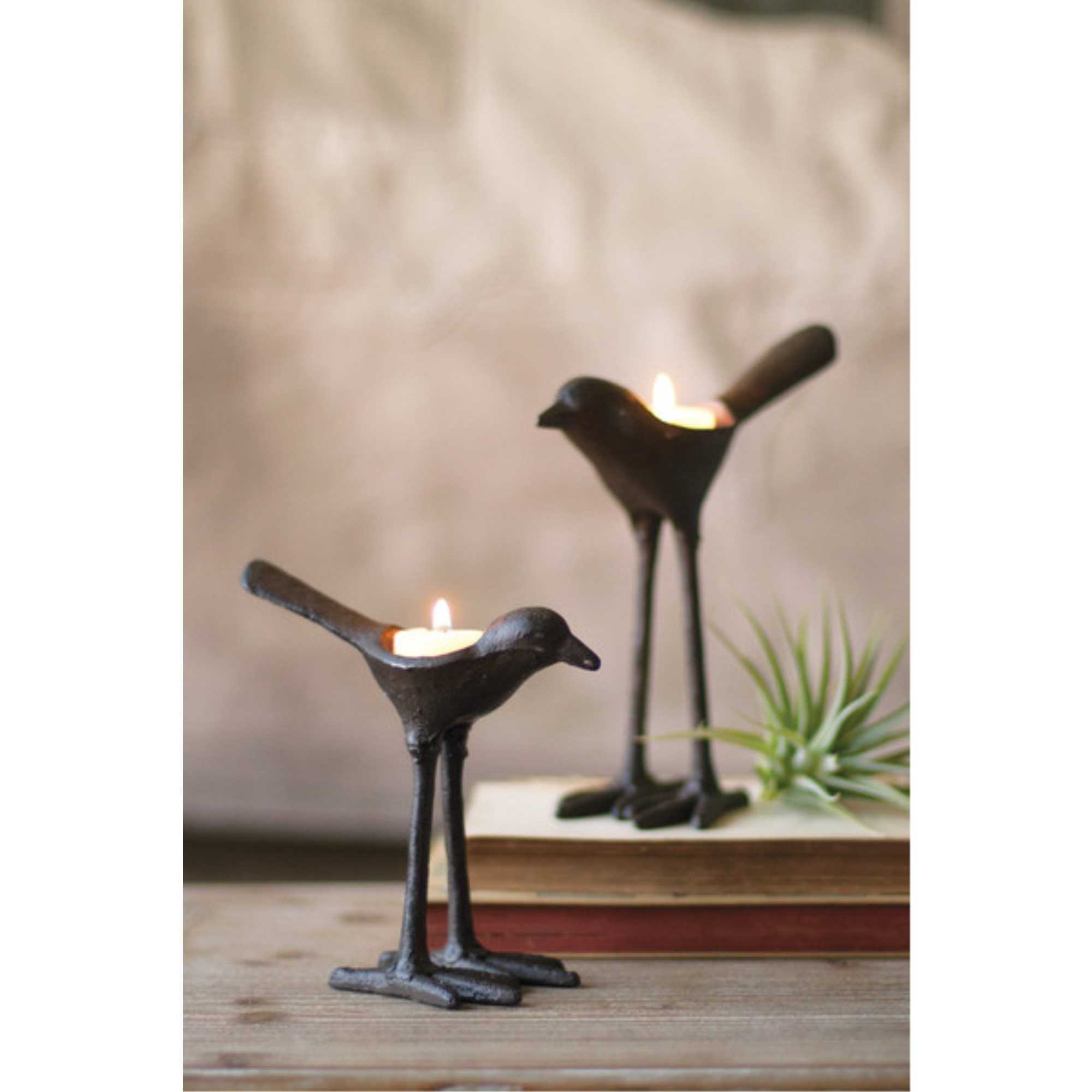 SET OF TWO CAST IRON BIRD TEA LIGHT HOLDERS