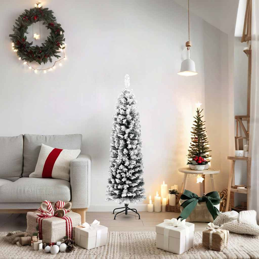 vidaXL Slim Artificial Christmas Tree with Flocked Snow Green 5 ft PVC