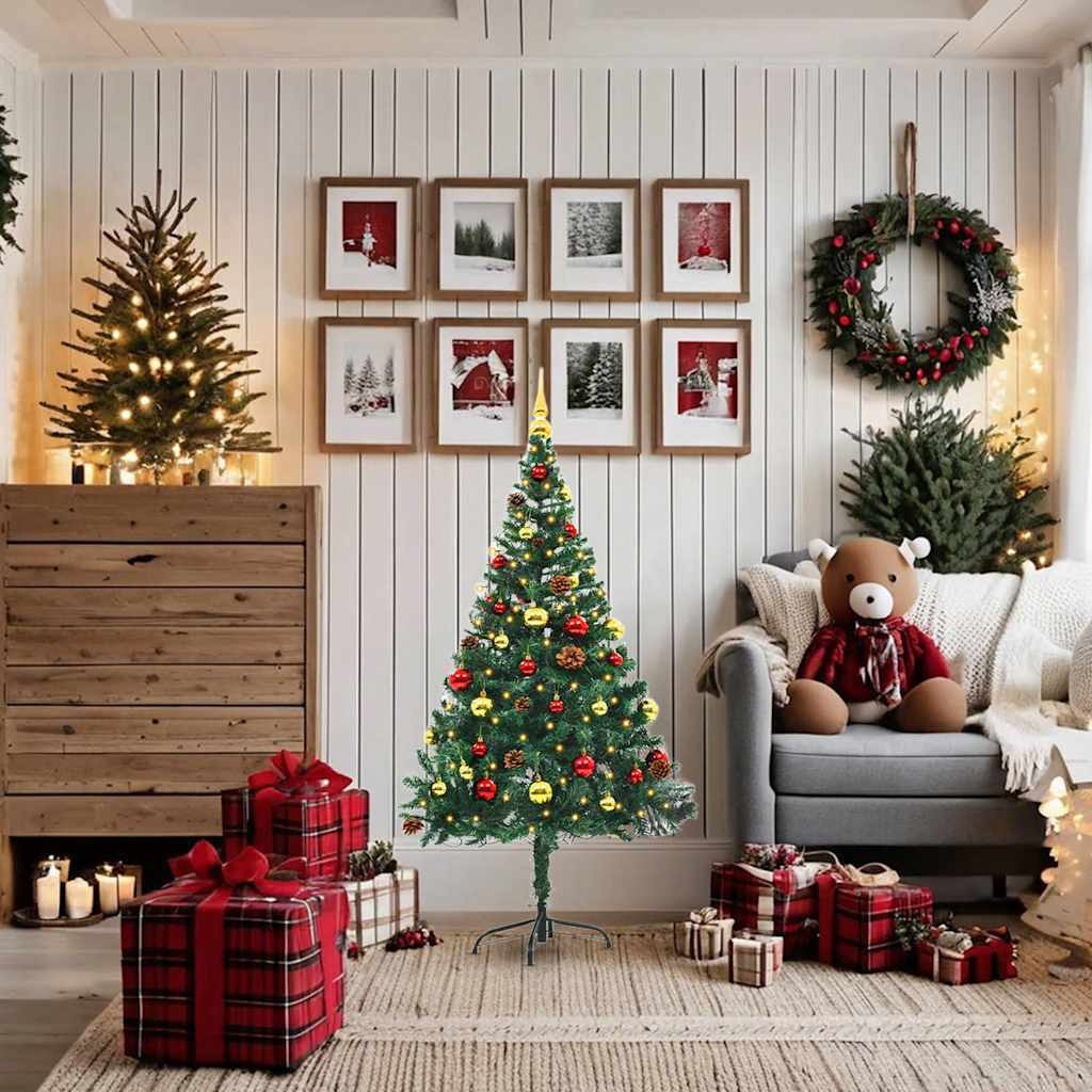vidaXL Artificial Christmas Tree with Baubles and LEDs Green 5 ft
