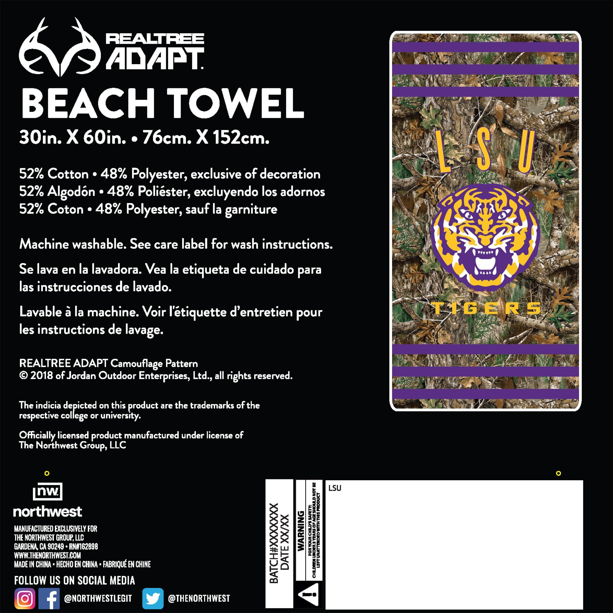 LSU OFFIcIAL NcAA Realtree Stripes Beach Towel 30 x 60(D0102H94V9W)