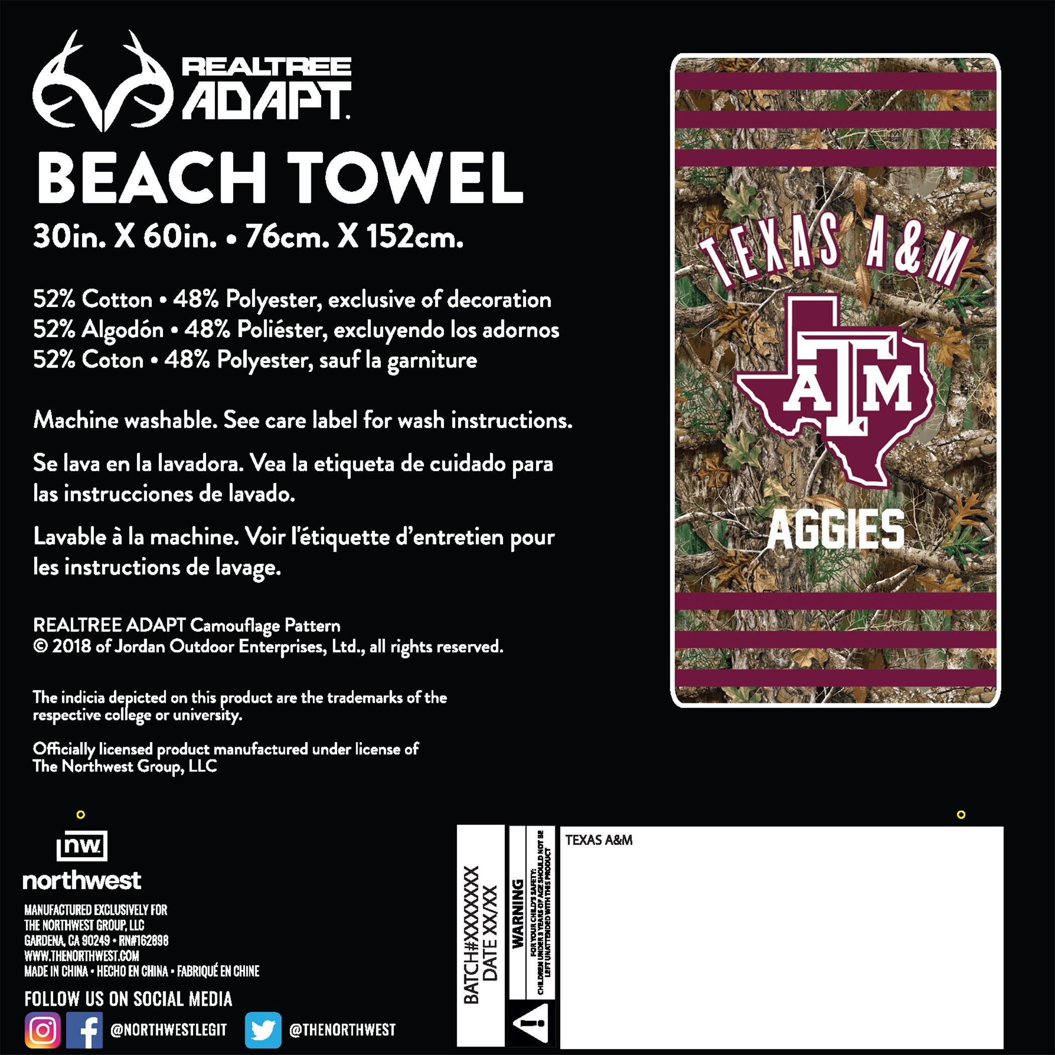 Texas A&M OFFIcIAL NcAA Realtree Stripes Beach Towel 30 x 60(D0102H94V2V)