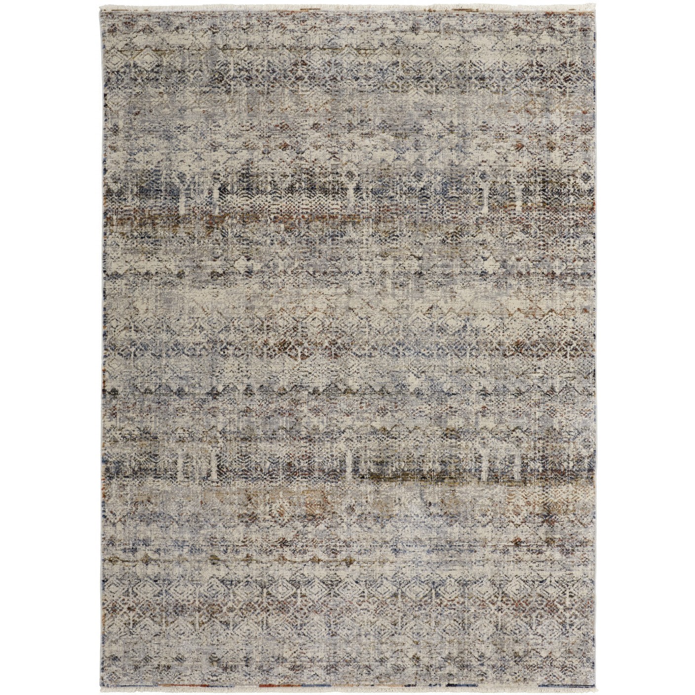 2 X 3 Tan Ivory And Blue geometric Power Loom Distressed Area Rug With Fringe