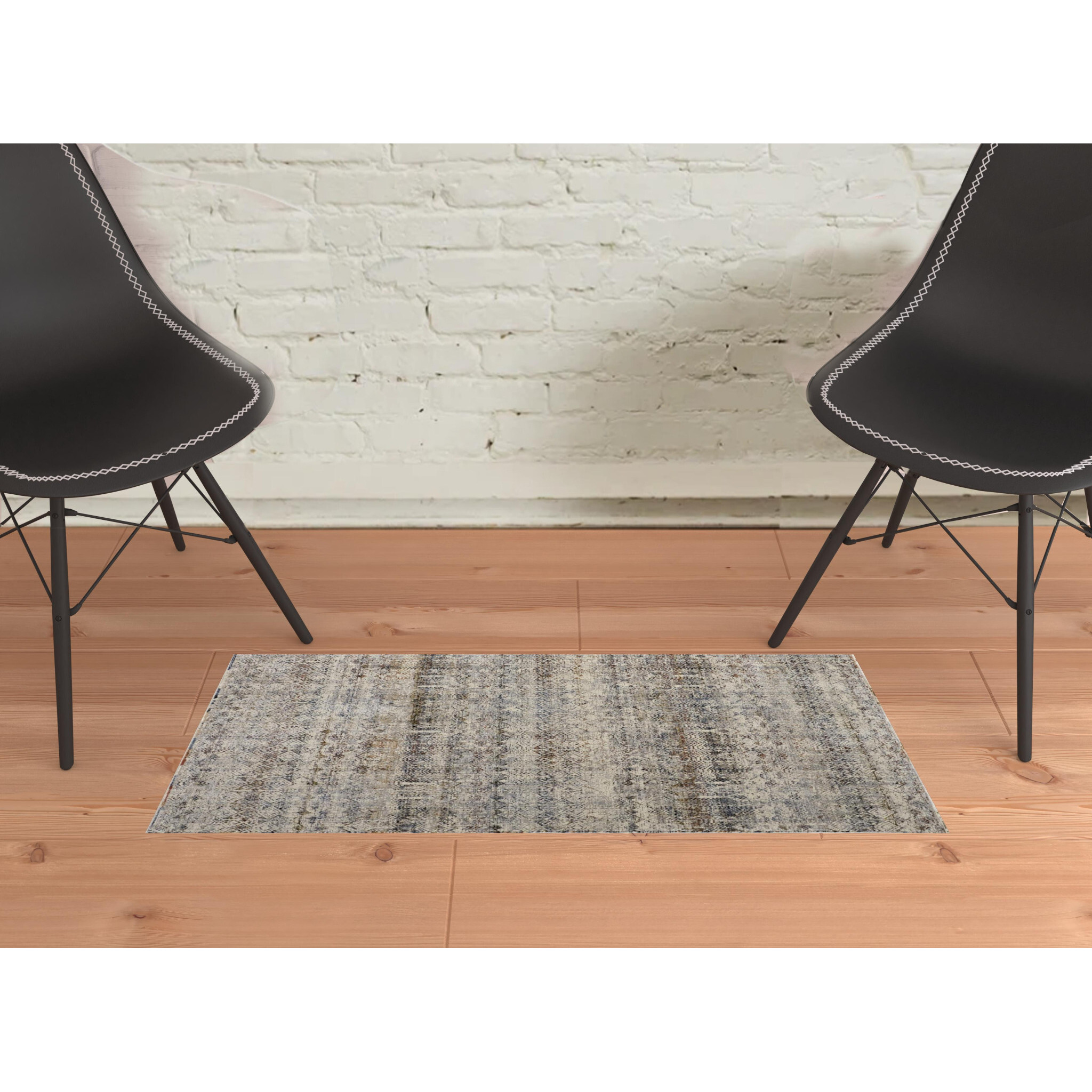 2 X 3 Tan Ivory And Blue geometric Power Loom Distressed Area Rug With Fringe