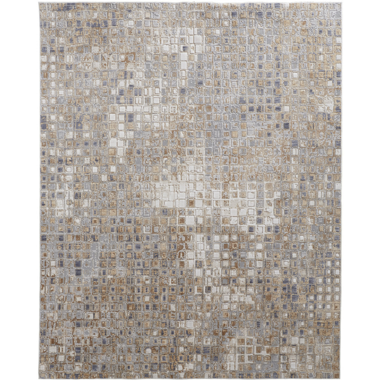 2 X 3 Tan Ivory And Blue geometric Power Loom Distressed Area Rug