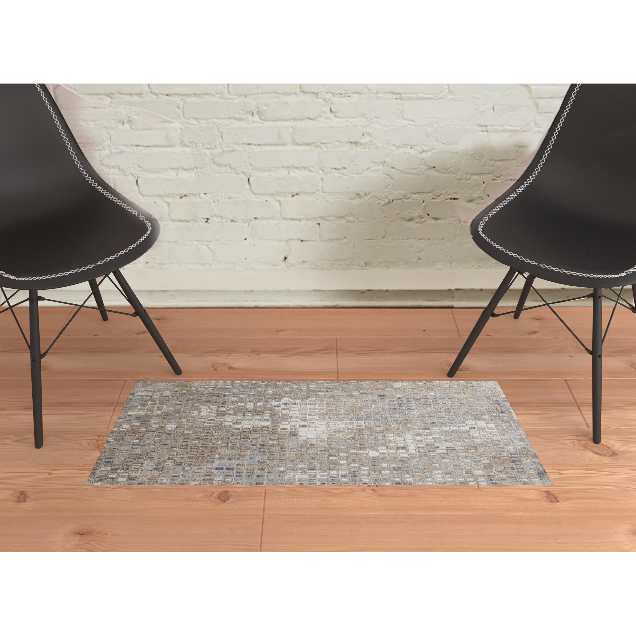 2 X 3 Tan Ivory And Blue geometric Power Loom Distressed Area Rug