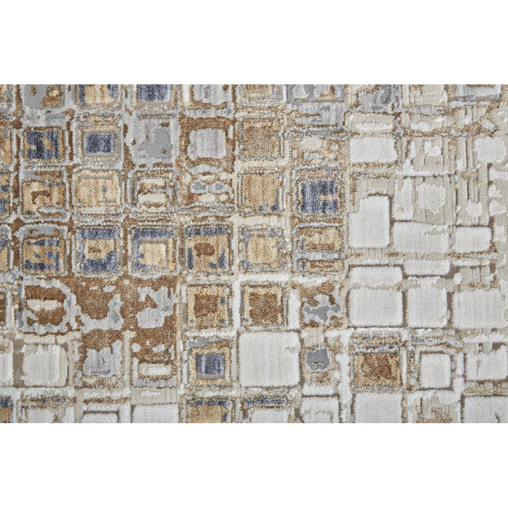 2 X 3 Tan Ivory And Blue geometric Power Loom Distressed Area Rug