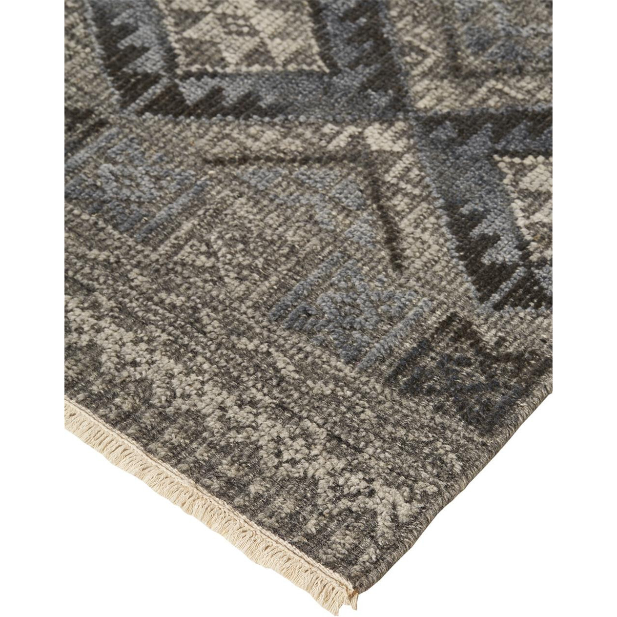 2 X 3 gray Ivory And Blue geometric Hand Knotted Area Rug