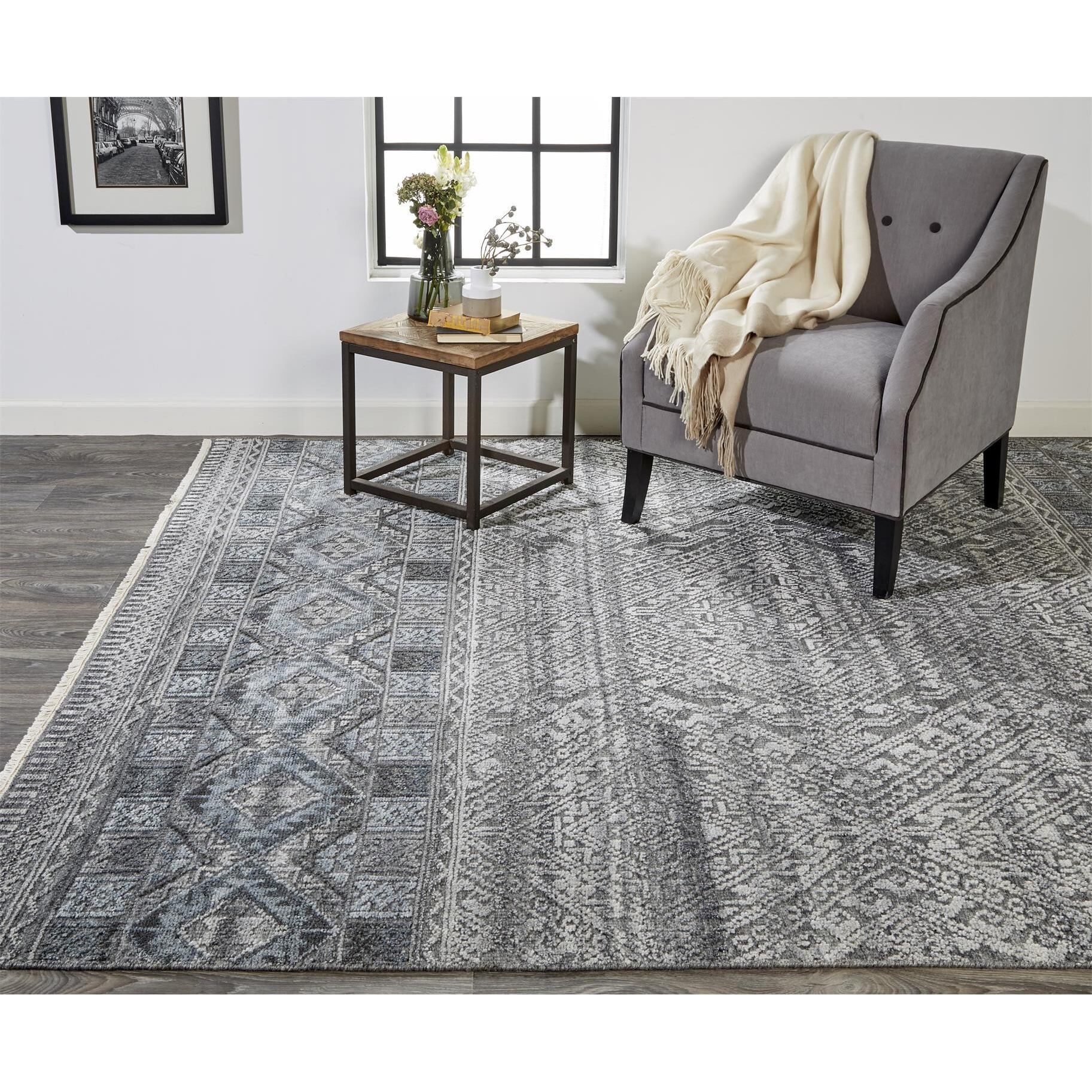 2 X 3 gray Ivory And Blue geometric Hand Knotted Area Rug