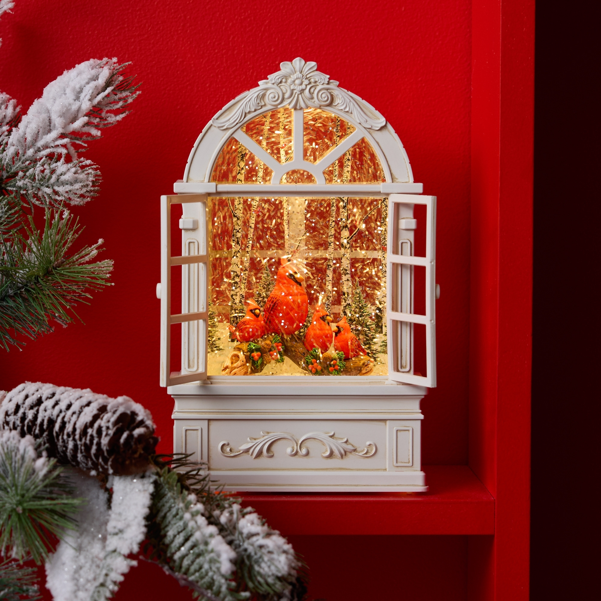 LED Snow Globe Window with Cardinal Family 9&quotH