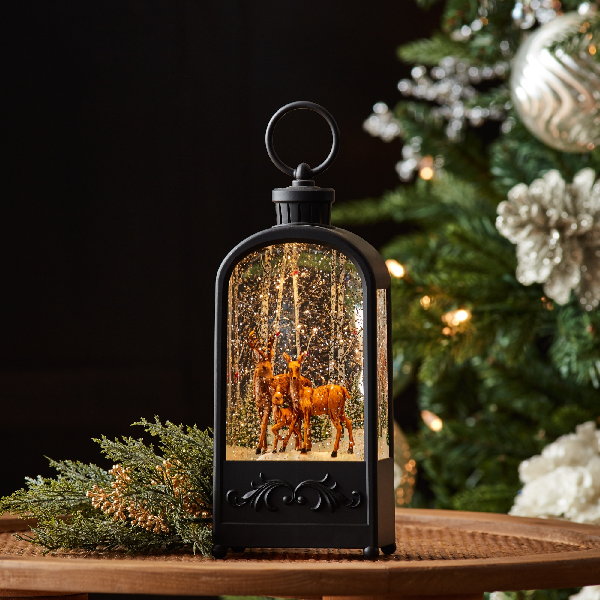 LED Snow Globe Lantern with Forest Deer 9.5&quotH