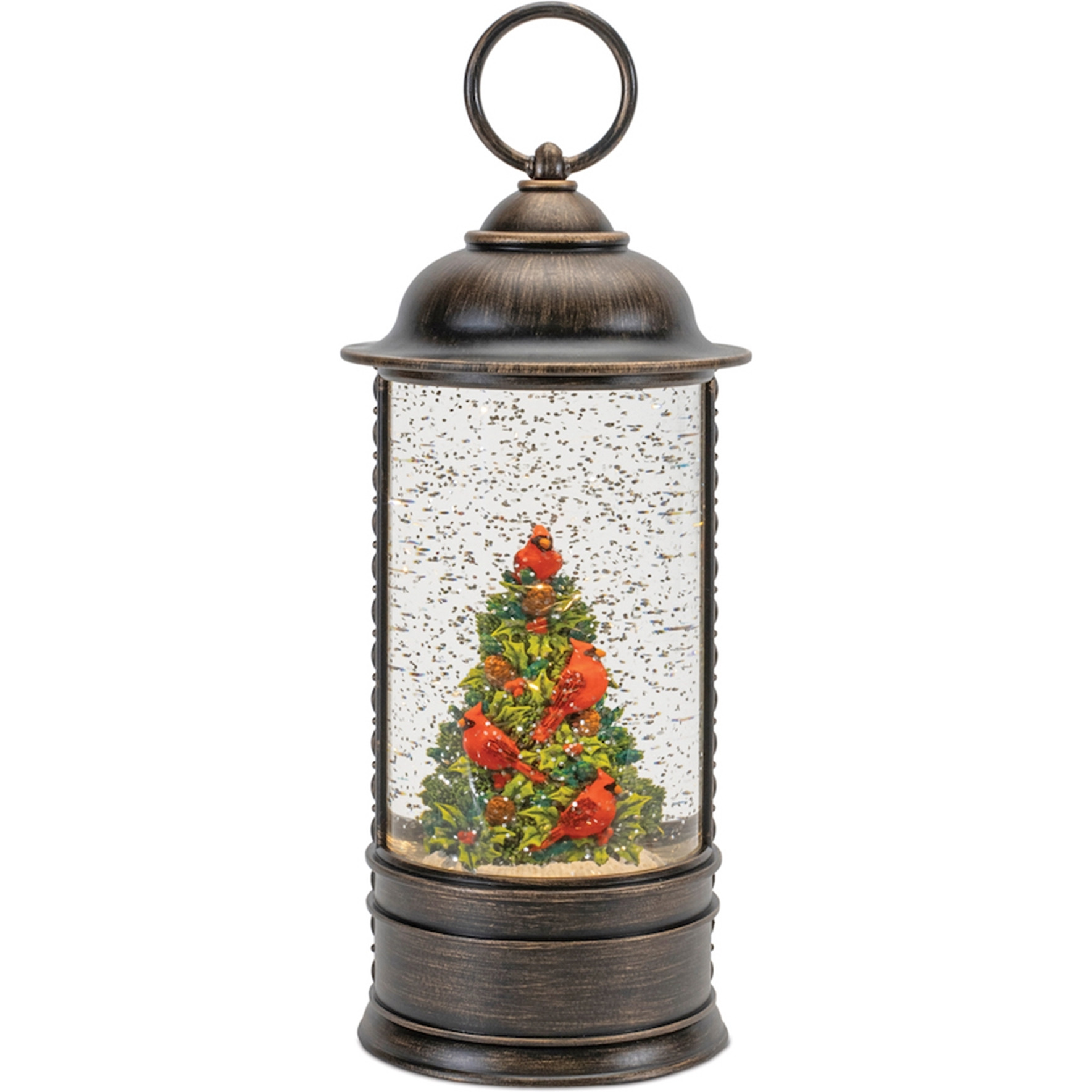 LED Snow Globe Lantern with Cardinal Holly Tree 9.75&quotH