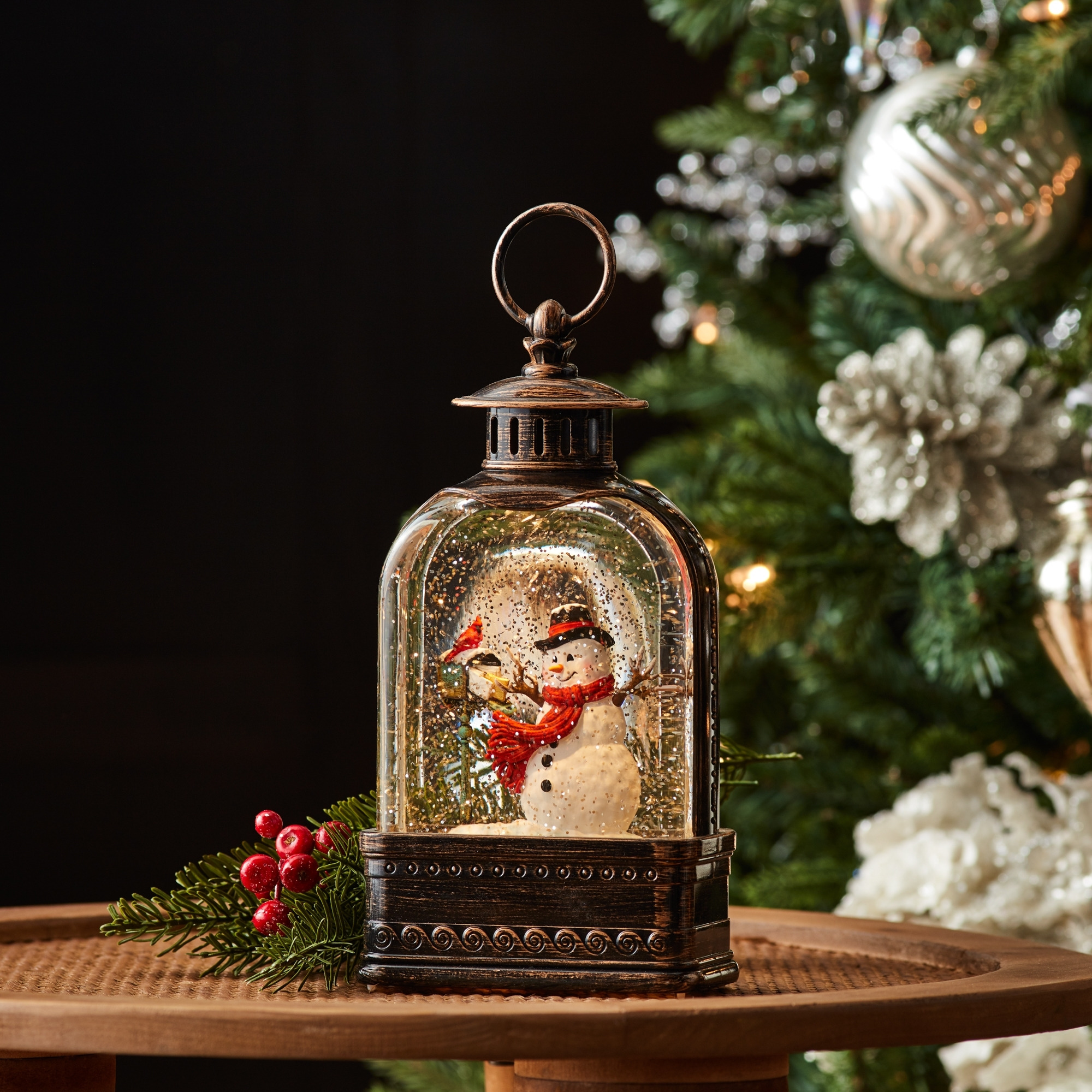 LED Snow Globe with Snowman and Cardinals 9.75&quotH