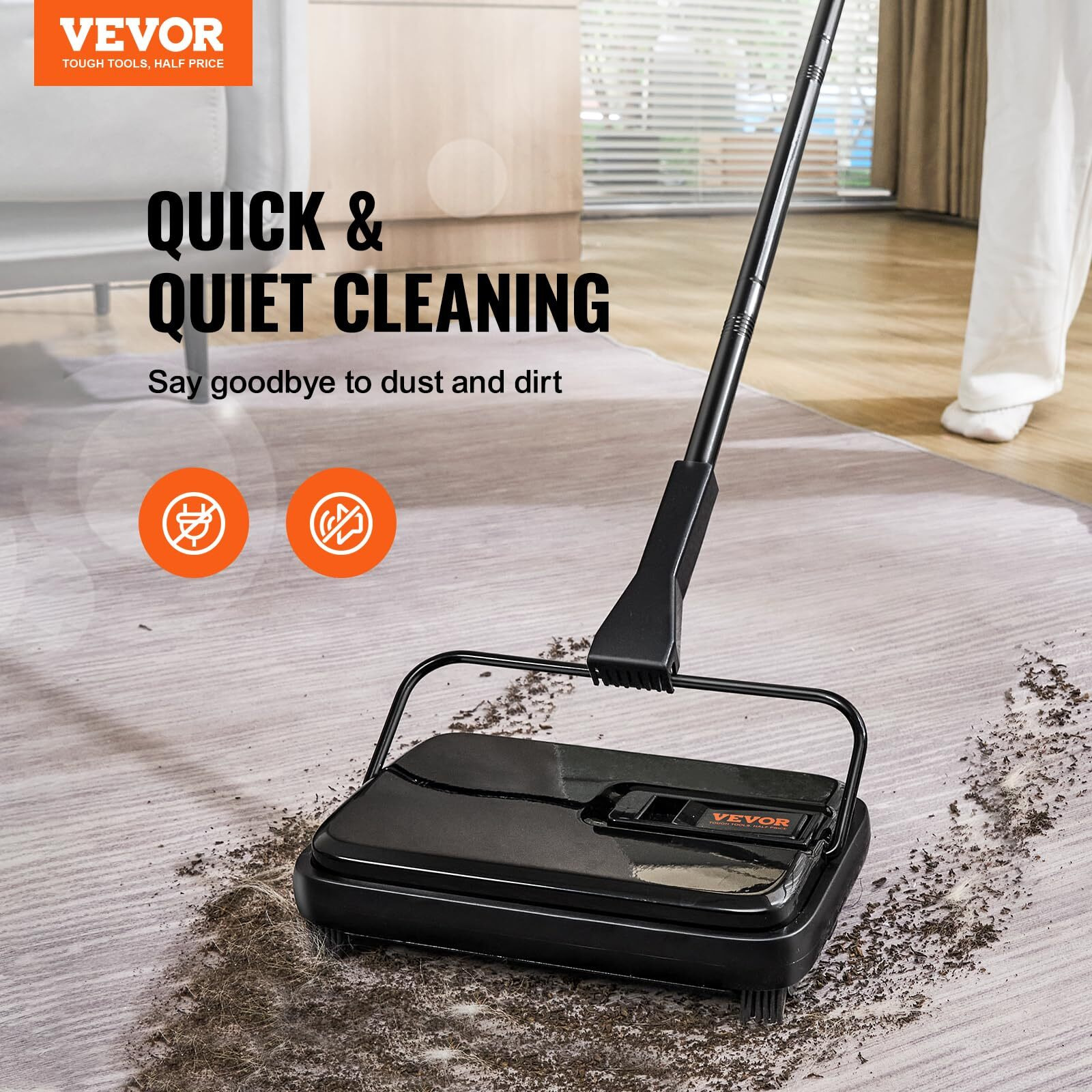 VEVOR Carpet Sweeper, 7.87 in Sweeping Paths, Floor Sweeper Manual Non Electric, 300 ml Dustbin Capacity with Comb for Home Office Rugs Hardwood Surfaces Wood Floors Laminate, Cleans Dust Pet Hair