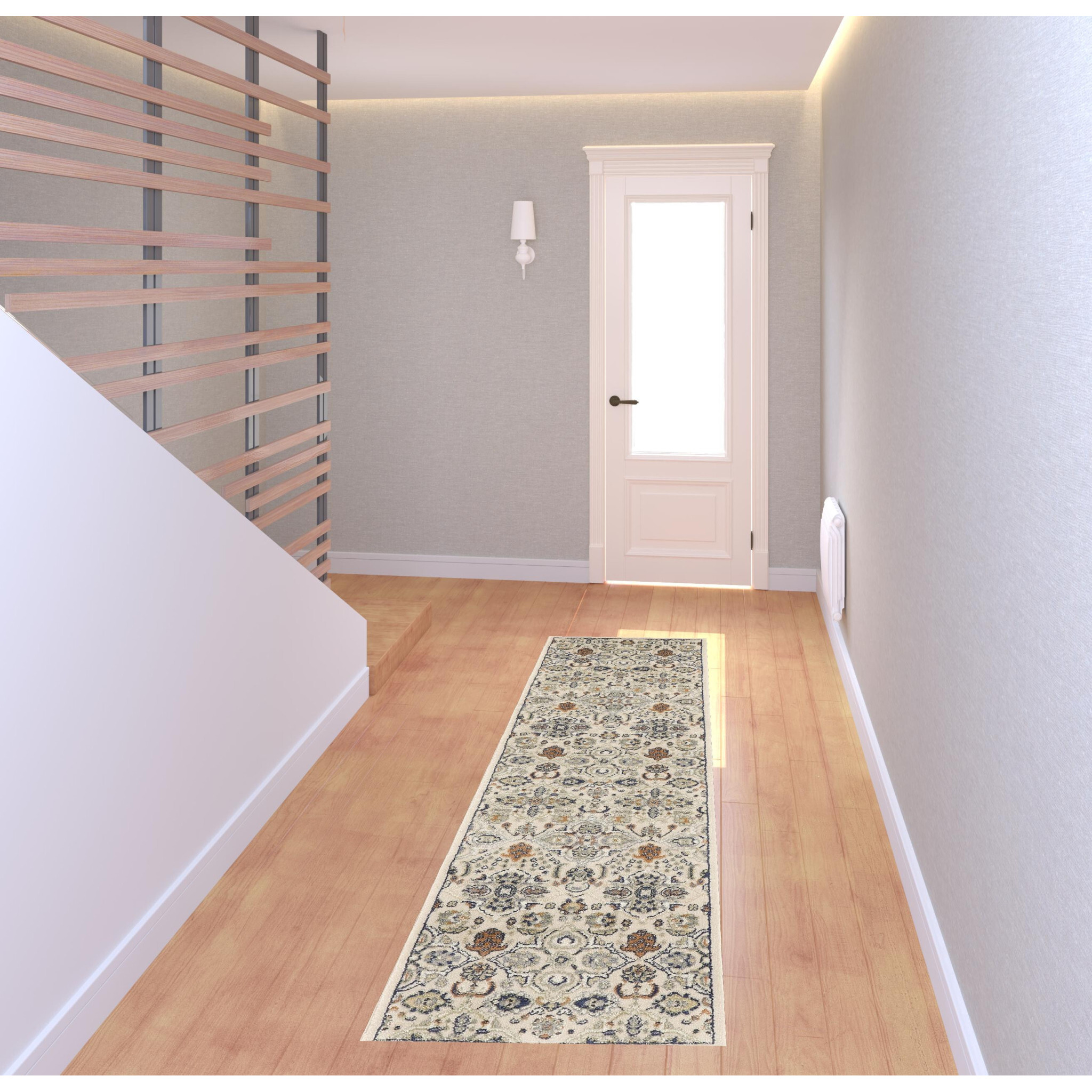 8 green and Ivory Floral Power Loom Runner Rug