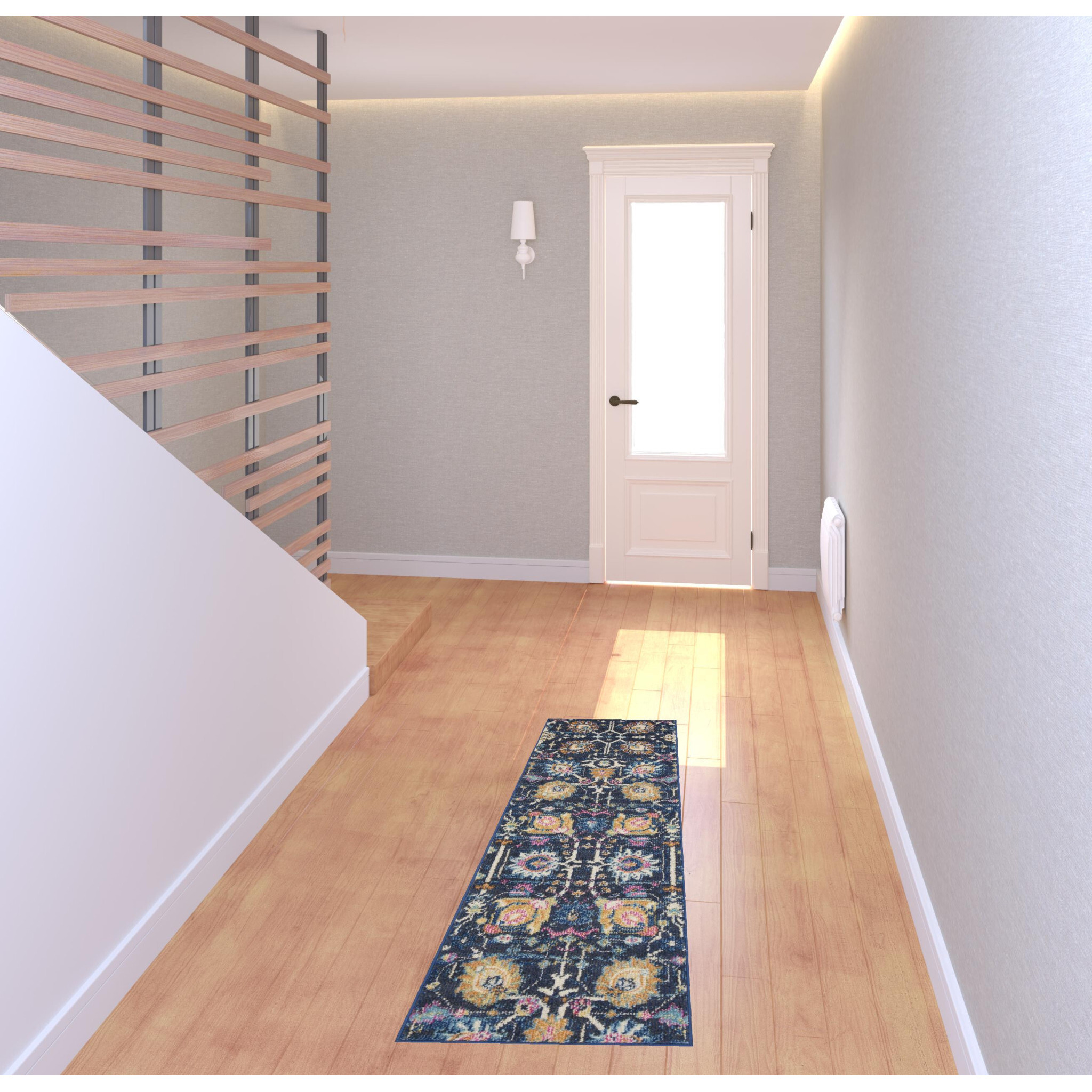 6 Navy Blue Floral Power Loom Runner Rug
