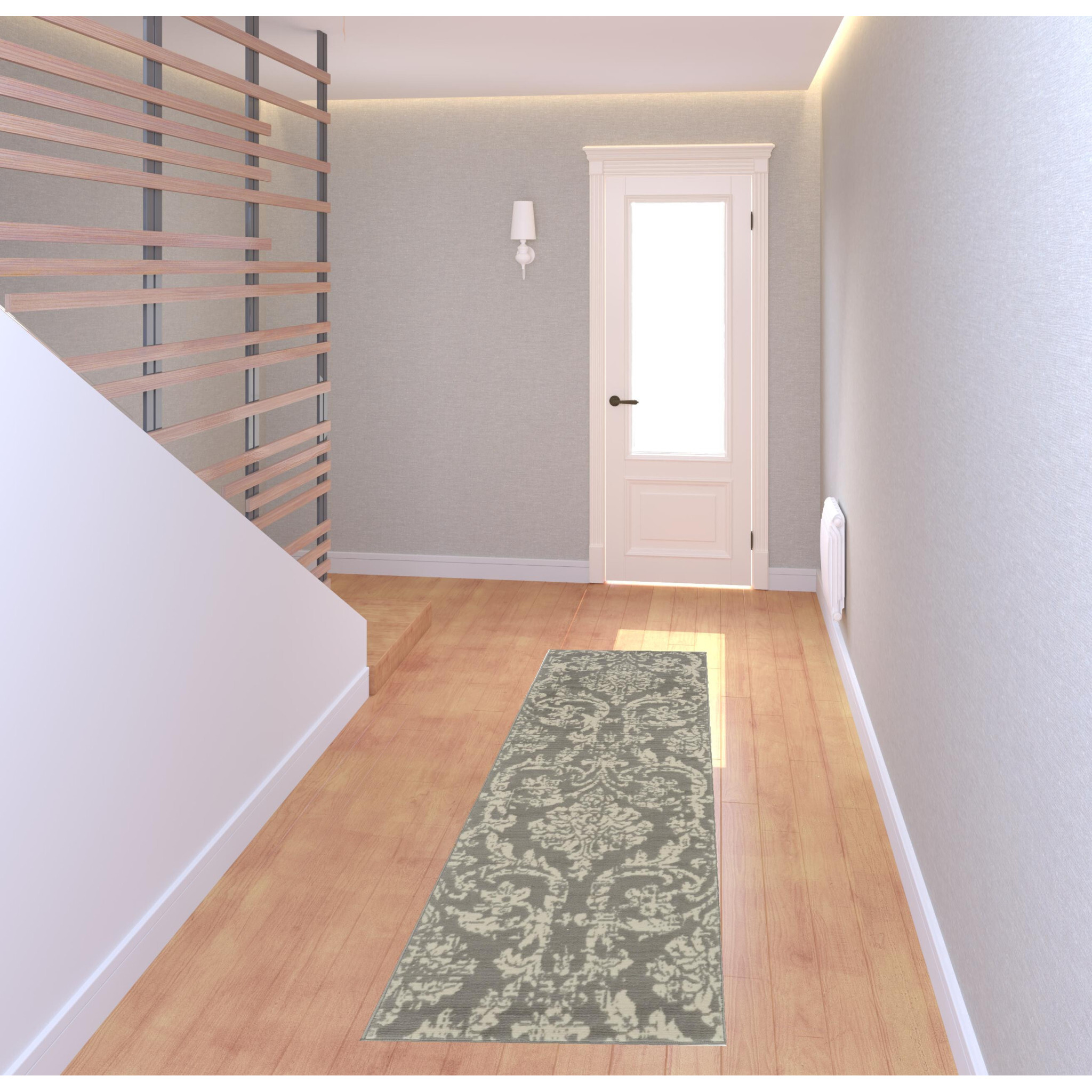 7 gray Damask Power Loom Runner Rug
