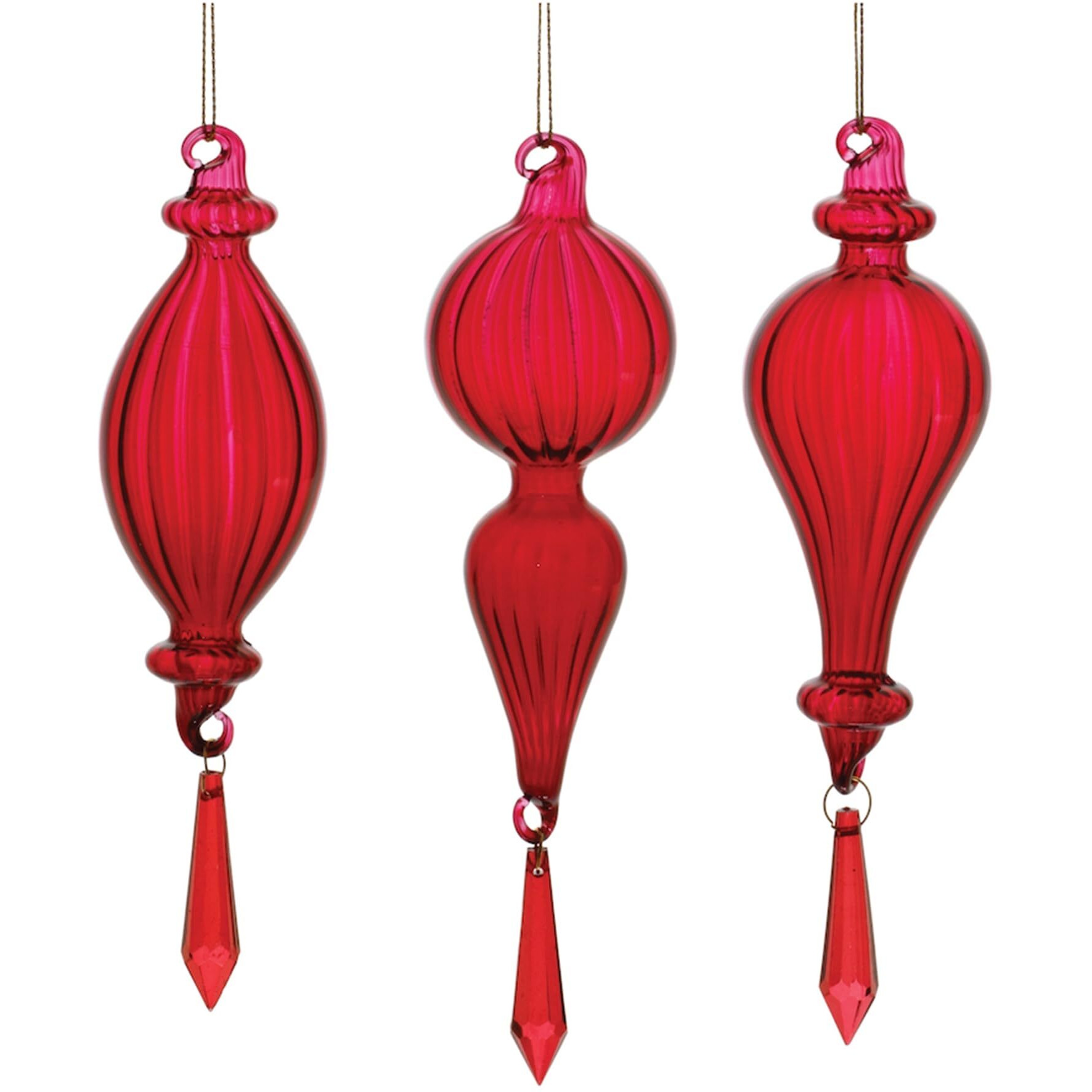 Red Ribbed Glass Drop Ornament with Jewel (Set of 3)