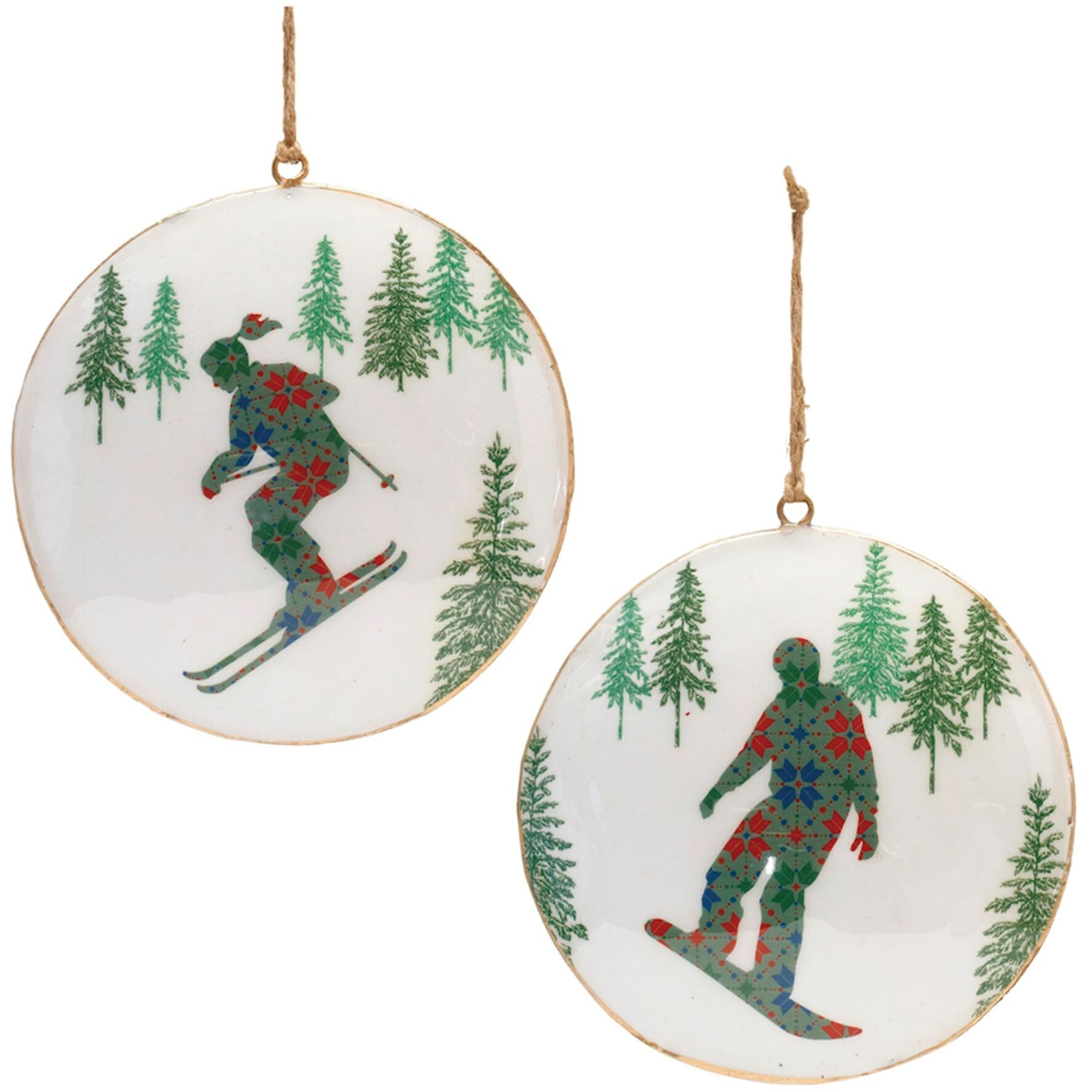 Metal Snowboard Forest Disc Ornament (Set of 6)