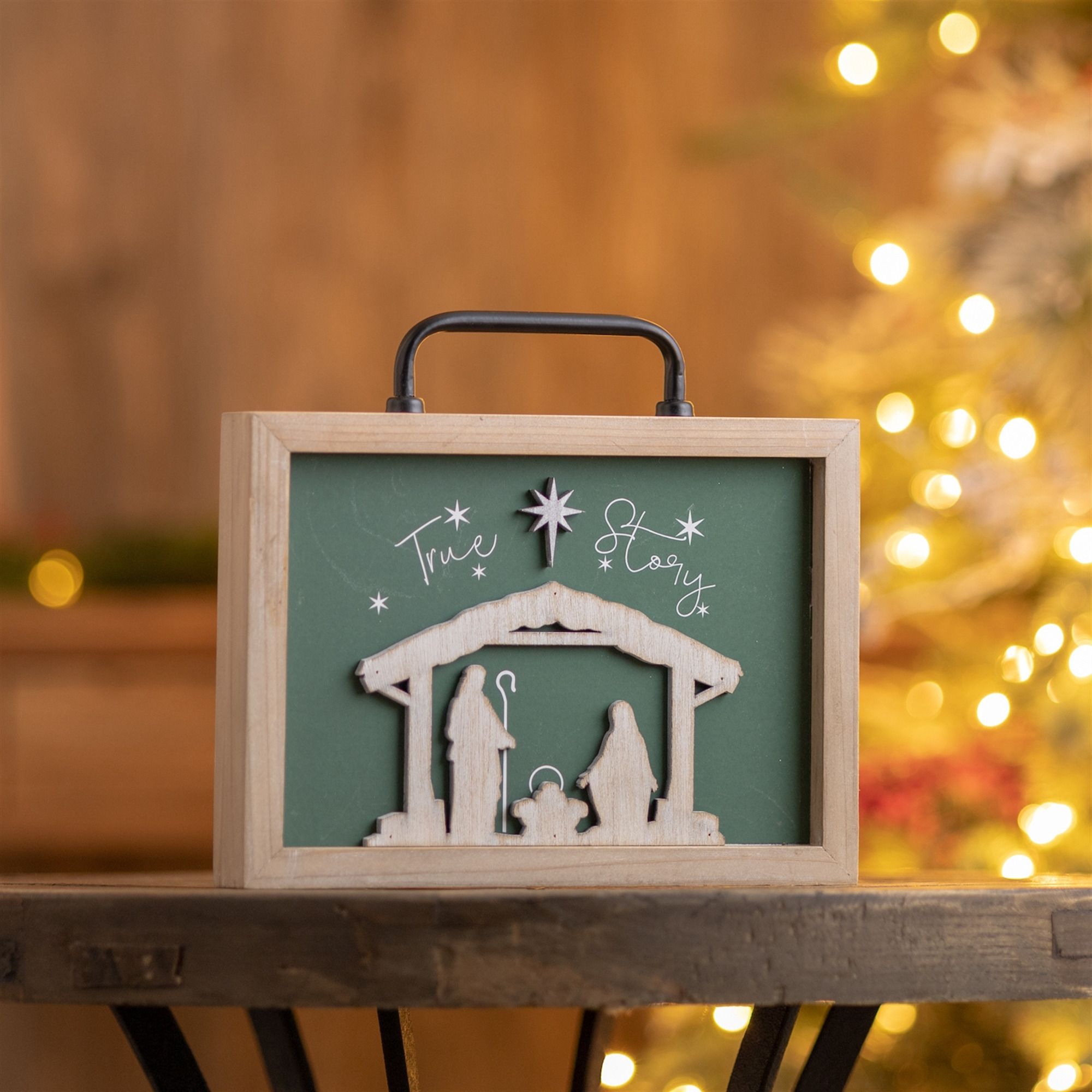 Wood &quotTrue Story" Nativity Plaque with Handle 9.5&quotL