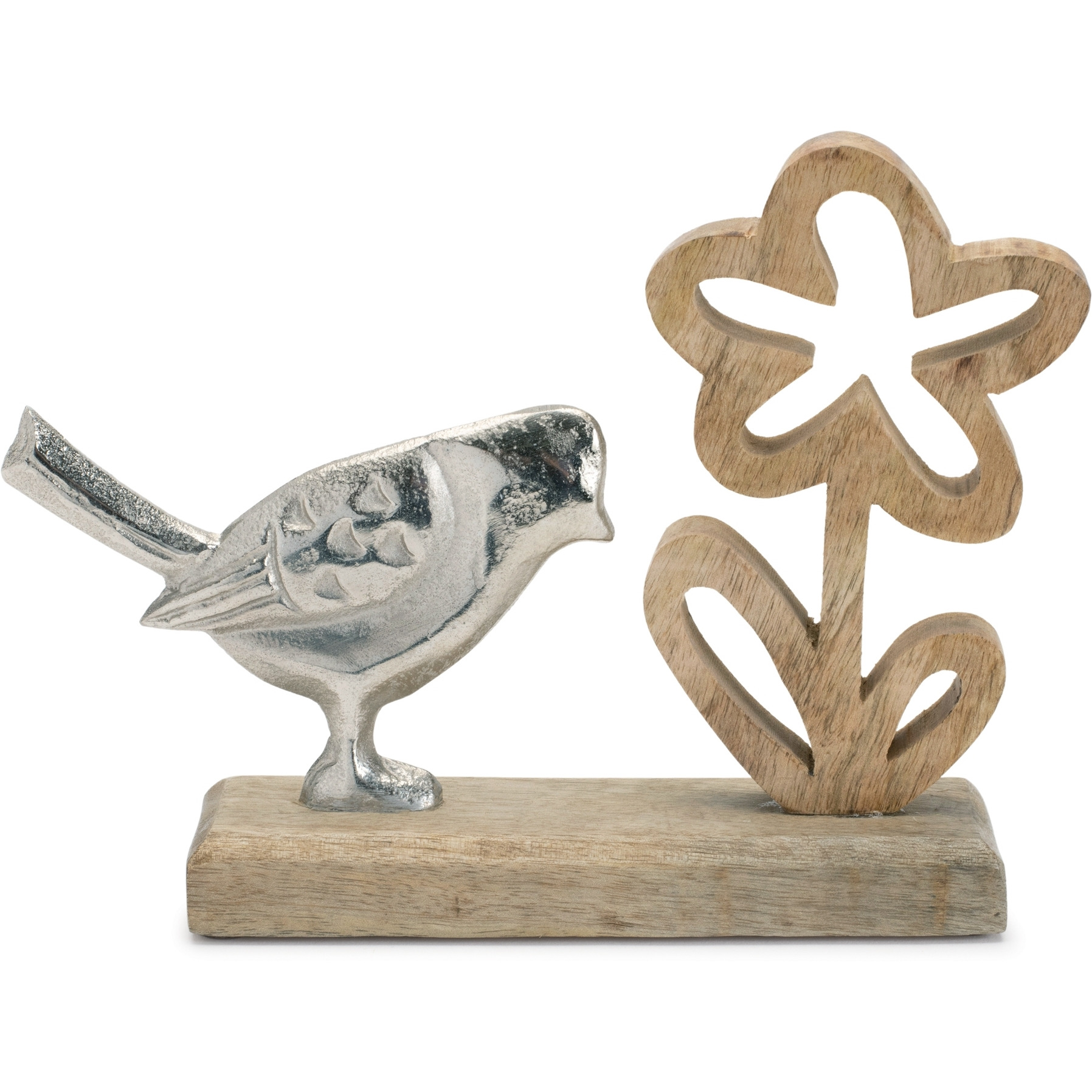 Metal Bird and Flower on Wood Base (Set of 2)