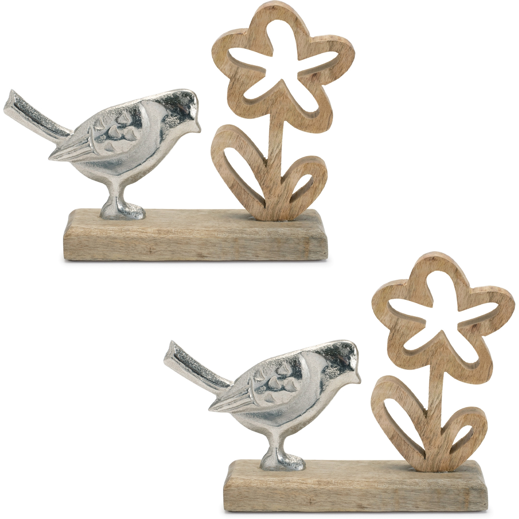 Metal Bird and Flower on Wood Base (Set of 2)
