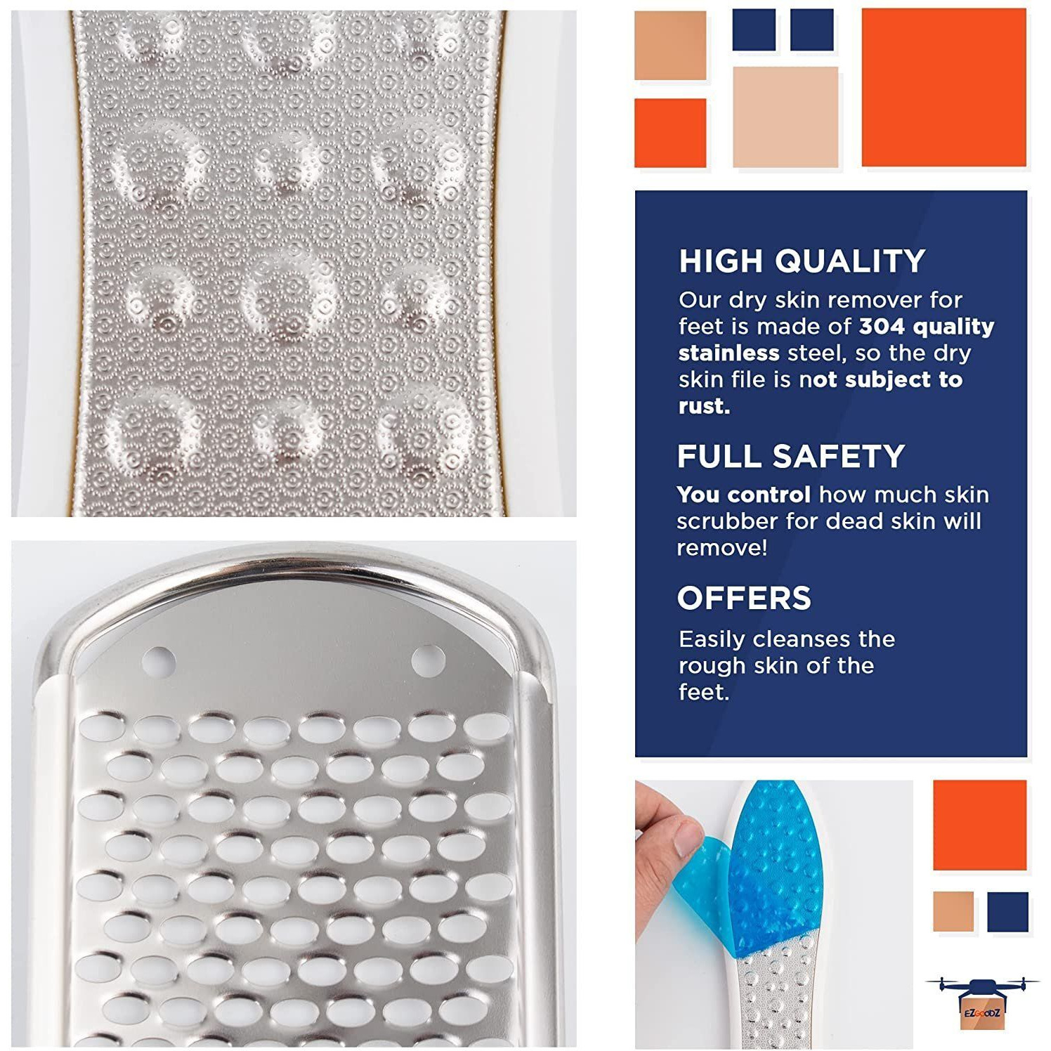 EZgOODZ White 2 Sided Foot File 107 x 27 with Additional corns Scraper 3 in 1 Professional Pedicure Foot File callus Remover for Feet Made from 304 Quality Stainless Steel Upgraded Model 2022(D0102HIMMSU)