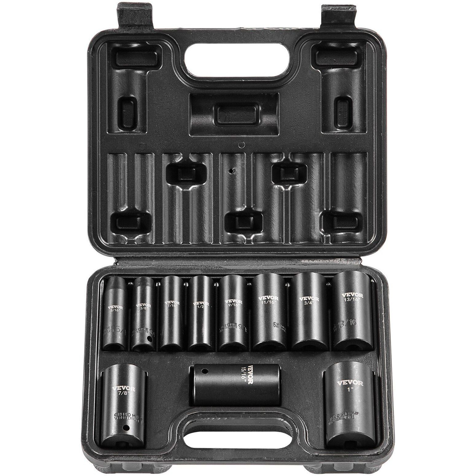 VEVOR Impact Sockets Set 11pcs 6-Point 3/8in Drive Bit Ratchet Tool Kit Case