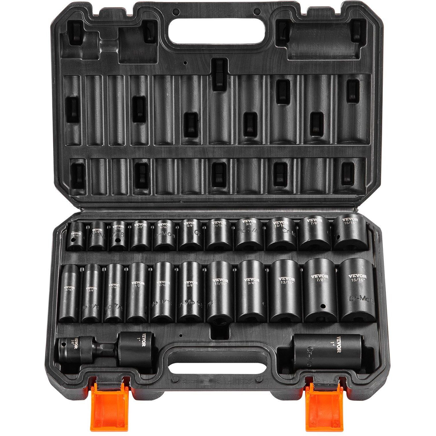 VEVOR Impact Sockets Set 25pcs 6-Point 3/8in Drive Bit Ratchet Tool Kit Case