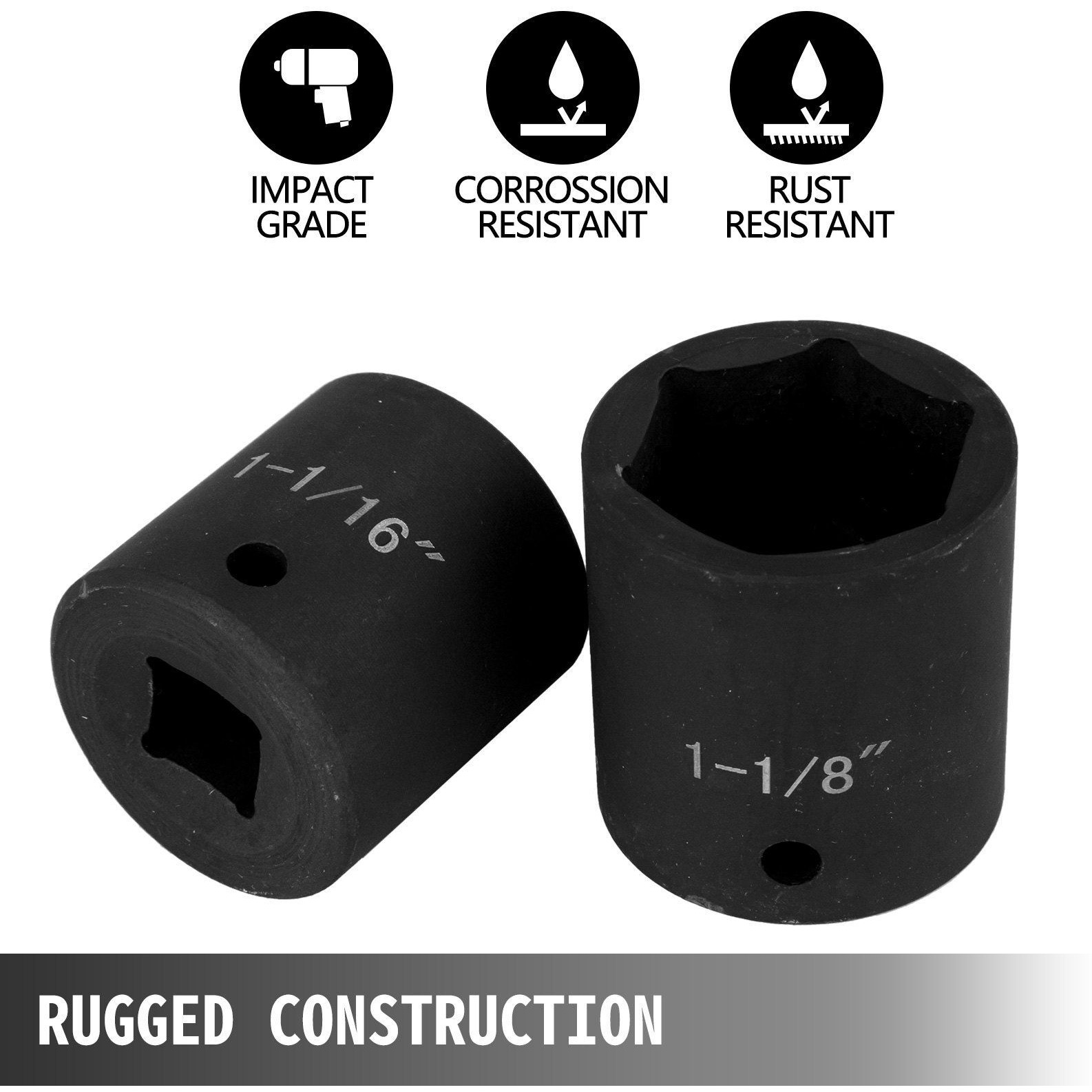 VEVOR Impact Socket Set 1/2 Inches 19 Piece Impact Sockets, Standard Socket Assortment, 1/2 Inches Drive Socket Set Impact Standard SAE (3/8 Inches to 1-1/2 Inches) 6-point Hex Sockets