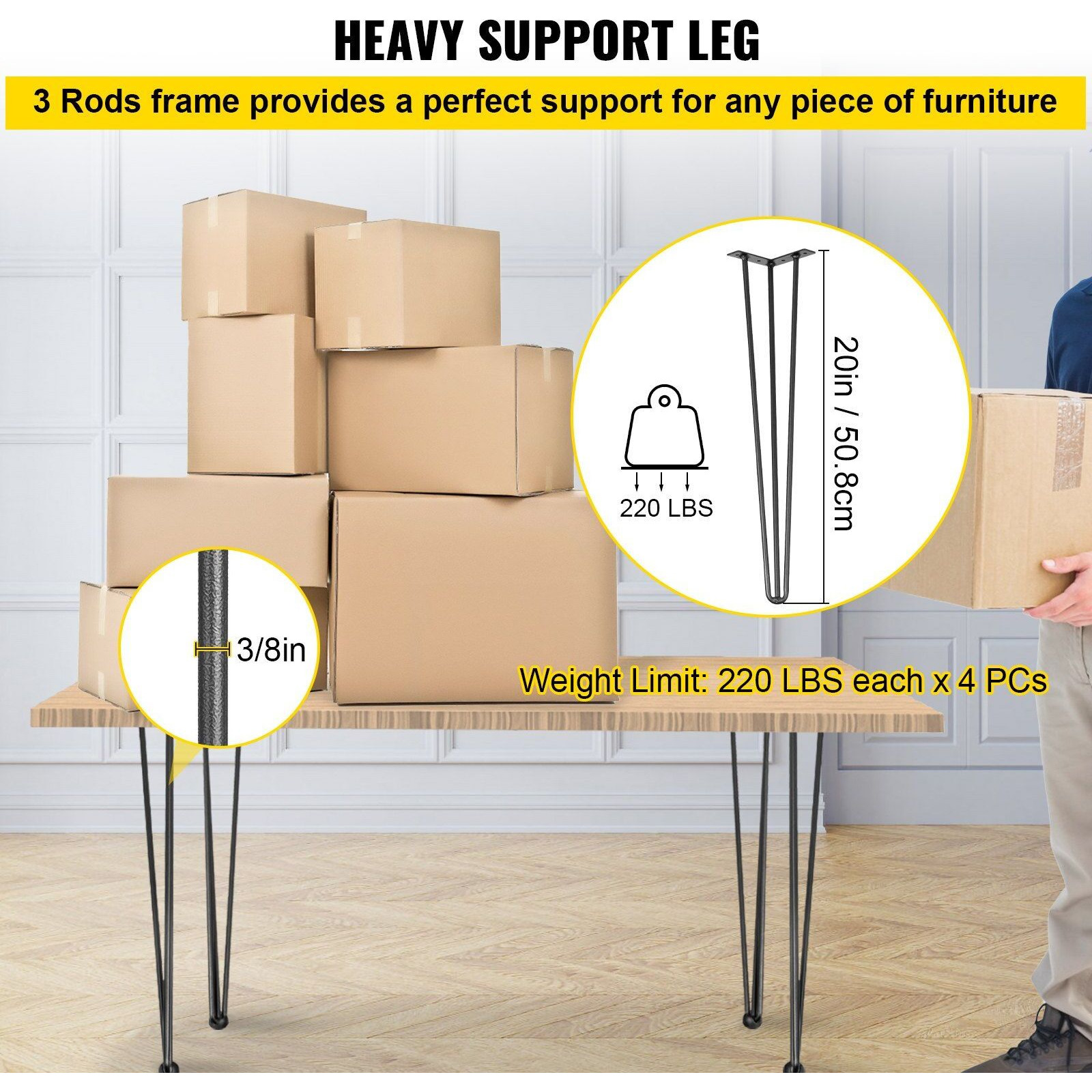 VEVOR Hairpin Table Legs 20" Black Set of 4 Desk Legs 880lbs Load Capacity (Each 220lbs) Hairpin Desk Legs 3 Rods for Bench Desk Dining End Table Chairs Carbon Steel DIY Heavy Duty Furniture Legs