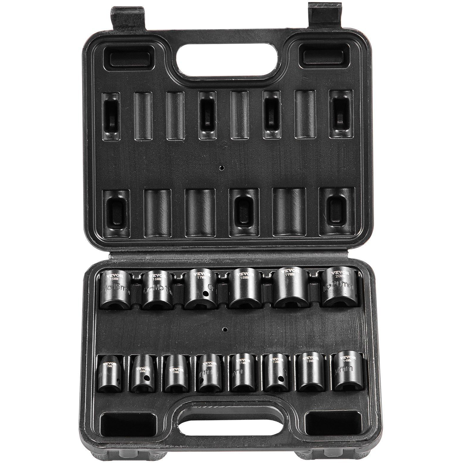 VEVOR Impact Sockets Set 14pcs 6-Point 3/8in Drive Bit Ratchet Tool Kit Case