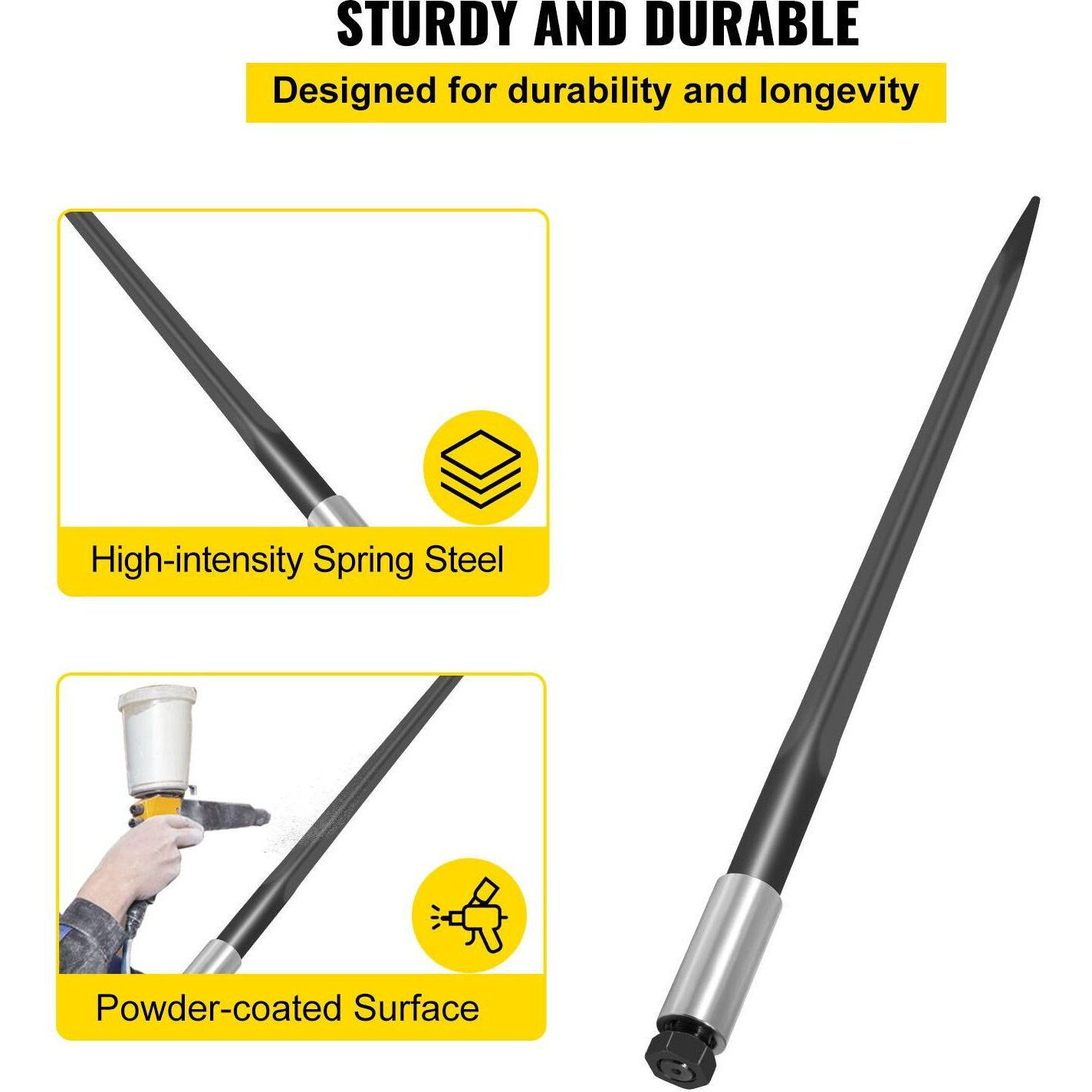 VEVOR Hay Spear 39" Bale Spear 3600 lbs Capacity, Bale Spike Quick Attach Square Hay Bale Spears 1 3/4", Black Coated Bale Forks, Bale Hay Spike with Hex Nut and Sleeve for Buckets Tractors Loaders