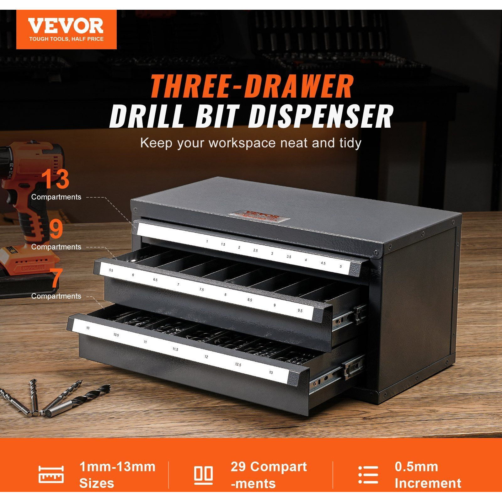VEVOR Drill Bit Dispenser Cabinet, Three-Drawer Drill Bit Organizer Cabinet for 1mm to 13mm, Steel Drill Dispenser Organizer Cabinet with Labels, Stackable Drill Dispenser for Drill Bit Storage
