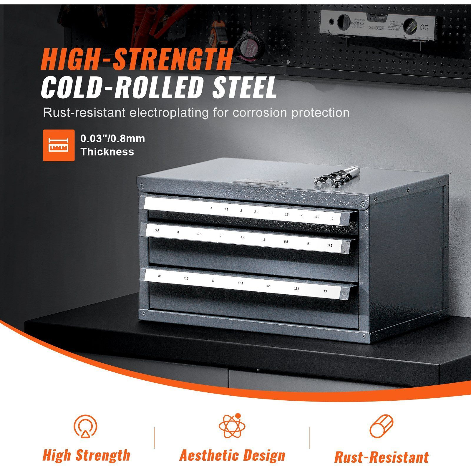 VEVOR Drill Bit Dispenser Cabinet, Three-Drawer Drill Bit Organizer Cabinet for 1mm to 13mm, Steel Drill Dispenser Organizer Cabinet with Labels, Stackable Drill Dispenser for Drill Bit Storage