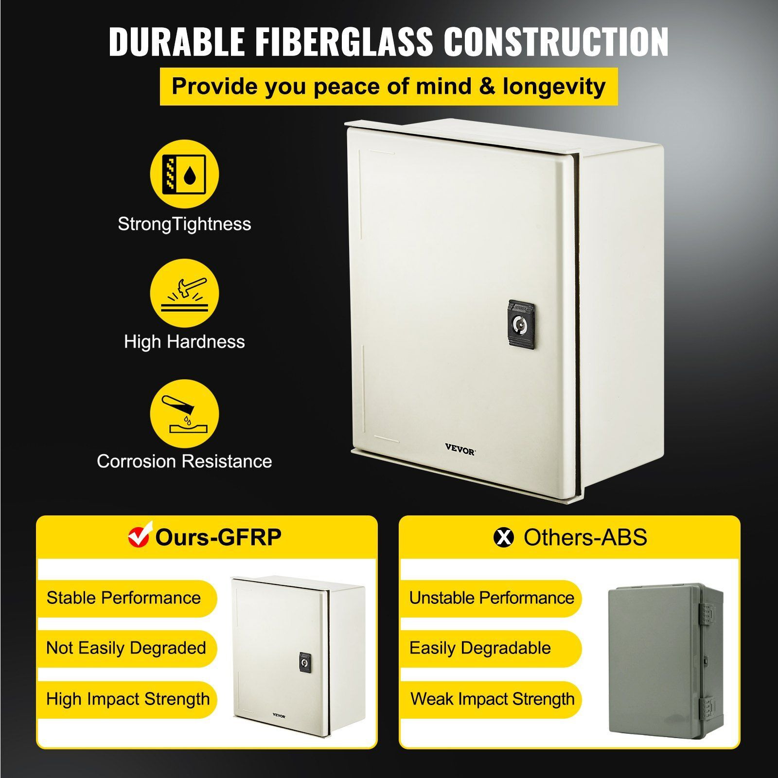 VEVOR Fiberglass STELL Enclosure, 12 x 10 x 6'' NEMA 4X Fiberglass Electrical Box, IP66 Waterproof & Dustproof, Outdoor/Indoor Electrical Junction Box, with Mounting Plate(30 x 25 x 14 cm)