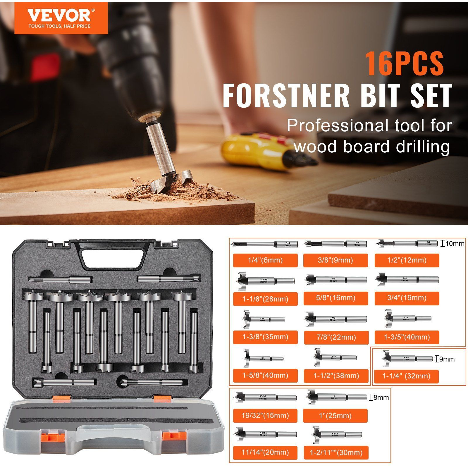 VEVOR Forstner Bit Set, 16 Pcs Forstner Drill Bits Set, 1/4" to 1-5/8", Carbon Steel, with Universal Round Shank, Forstner Drill Bit for Wood and Composite Board, Forstner Bits for Woodworking