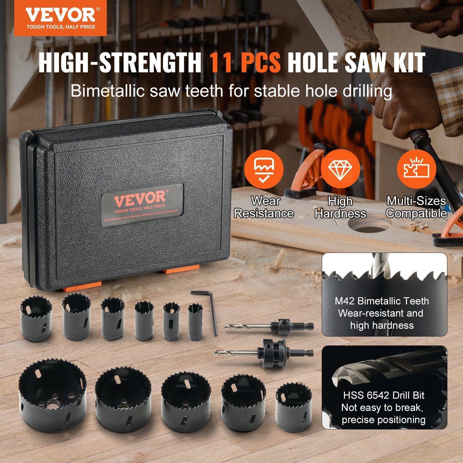 VEVOR Hole Saw Kit, 11 PCS Saw Blades, 2 Drill Bits, 1 Hex Wrench, General Purpose Size from 3/4" to 3", Bi Metal M42 Hole Saw Set with Carrying Case, Ideal for Wood Board, Plastic and Iron Plate