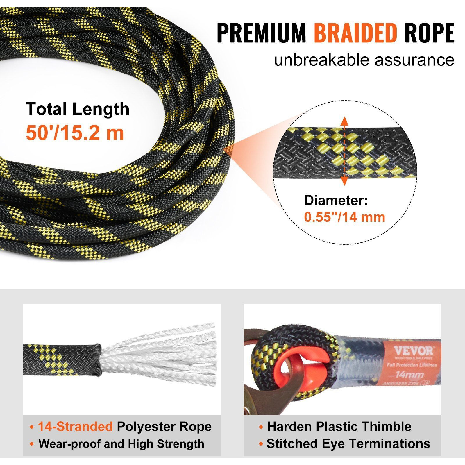 VEVOR Vertical Lifeline Assembly, 0.55'' x 50' Fall Protection Rope with 30 KN Breaking Tension, Polyester Roofing Rope with Steel Snap Hooks, Rope Grab, and Shock Absorber, ANSI Compliant