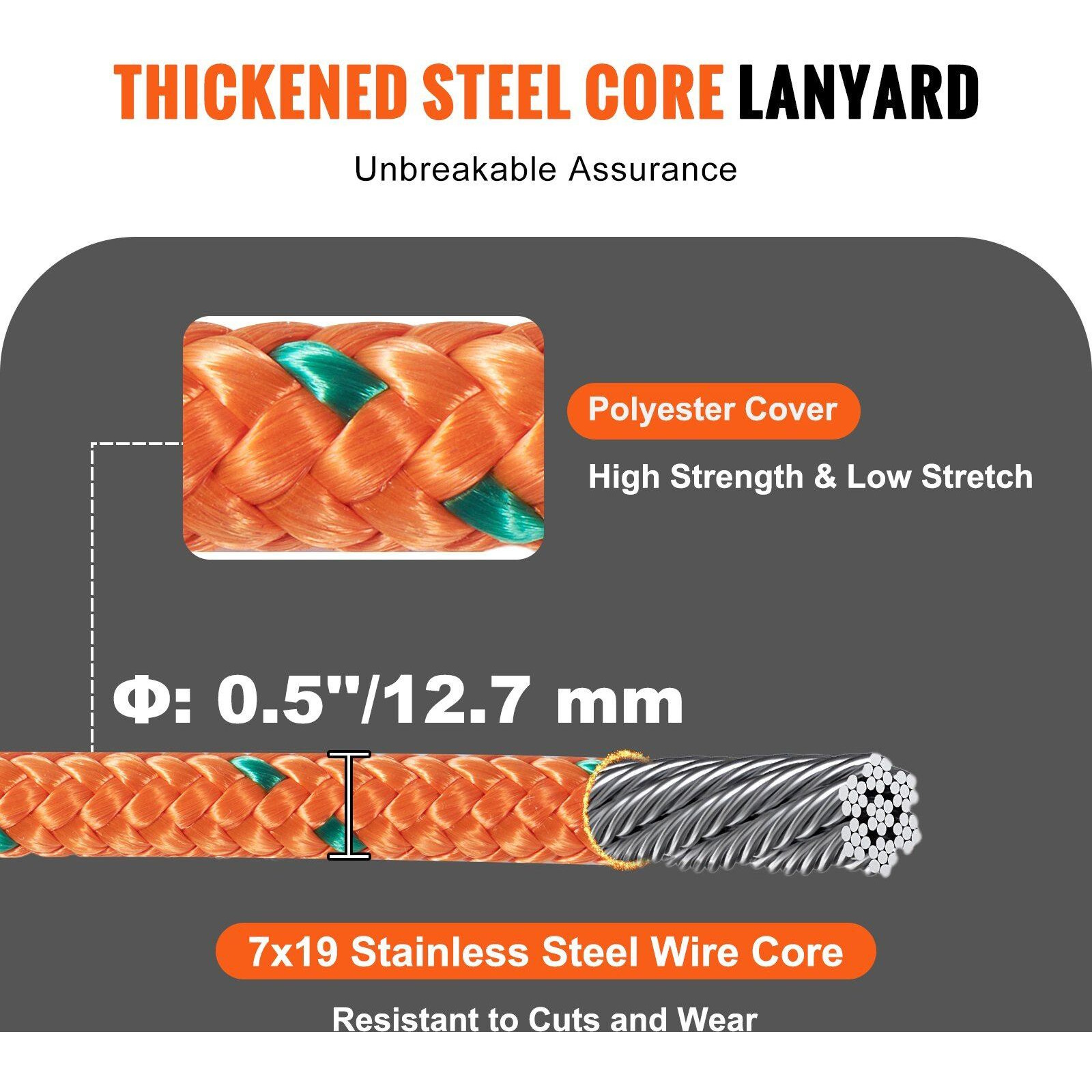 VEVOR Steel Core flipline, 1/2" x 8' Arborist Flipline, Flip Line for Tree Climbing with Alloy Steel Snap Hook, Aluminum Alloy Carabiner and Extra Tool Lanyard, for Arborist, Tree Climbers