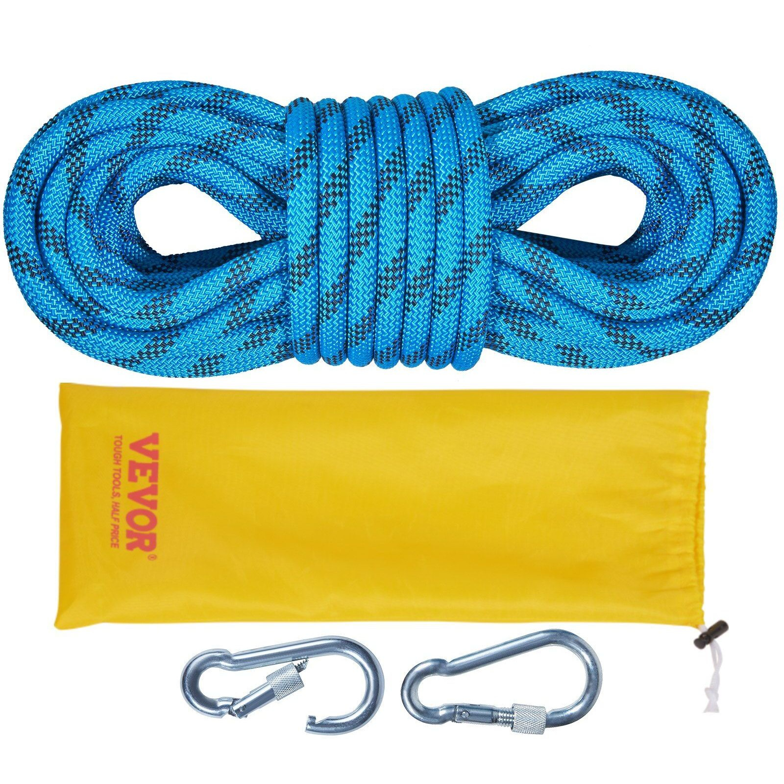 VEVOR Static Climbing Rope, 32 ft Outdoor Rock Climbing Rope with 26KN Breaking Tension, 0.4'' /10 mm High Strength Safety Rope, Escape Rope with 2pcs Carabiner and Storage Bag