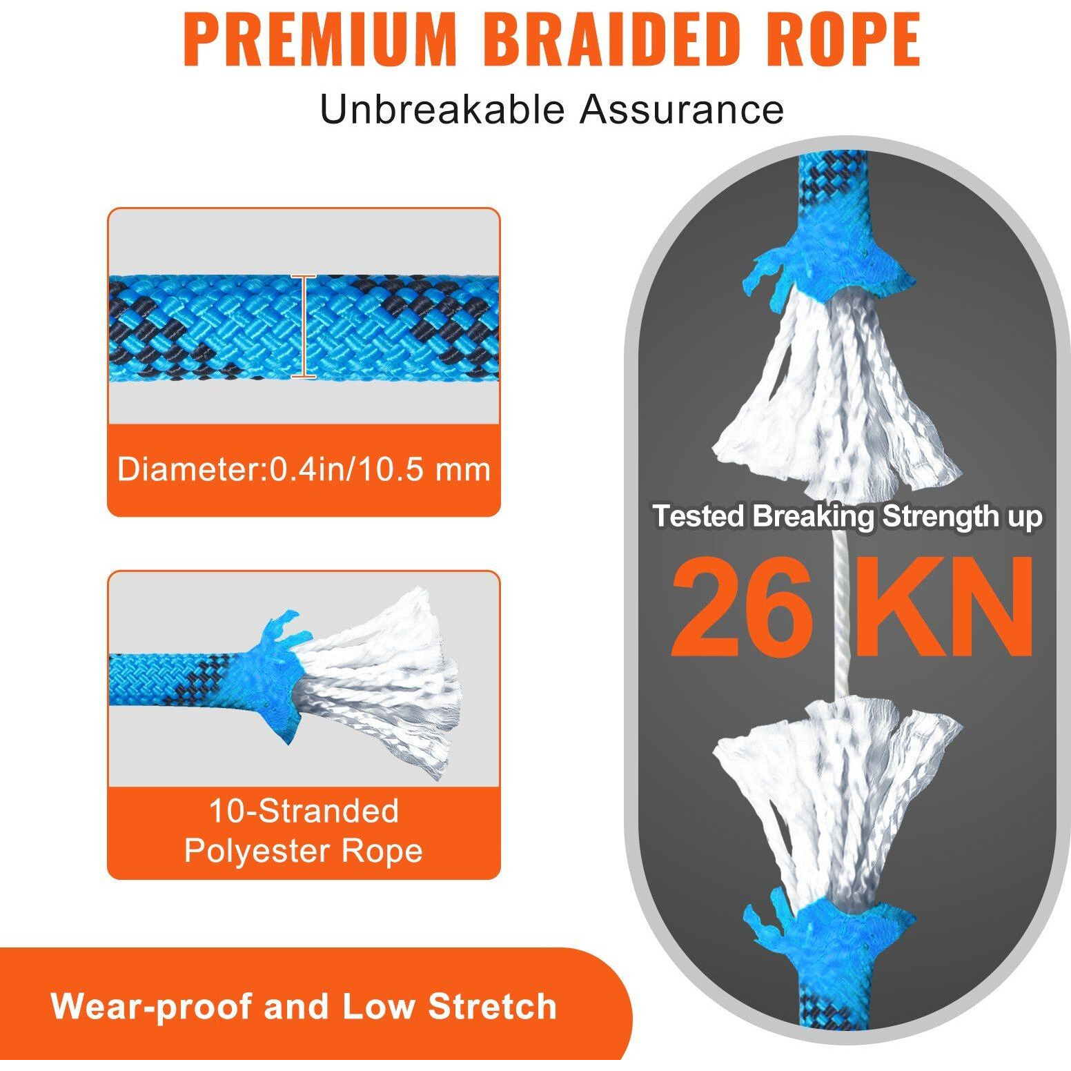 VEVOR Static Climbing Rope, 32 ft Outdoor Rock Climbing Rope with 26KN Breaking Tension, 0.4'' /10 mm High Strength Safety Rope, Escape Rope with 2pcs Carabiner and Storage Bag