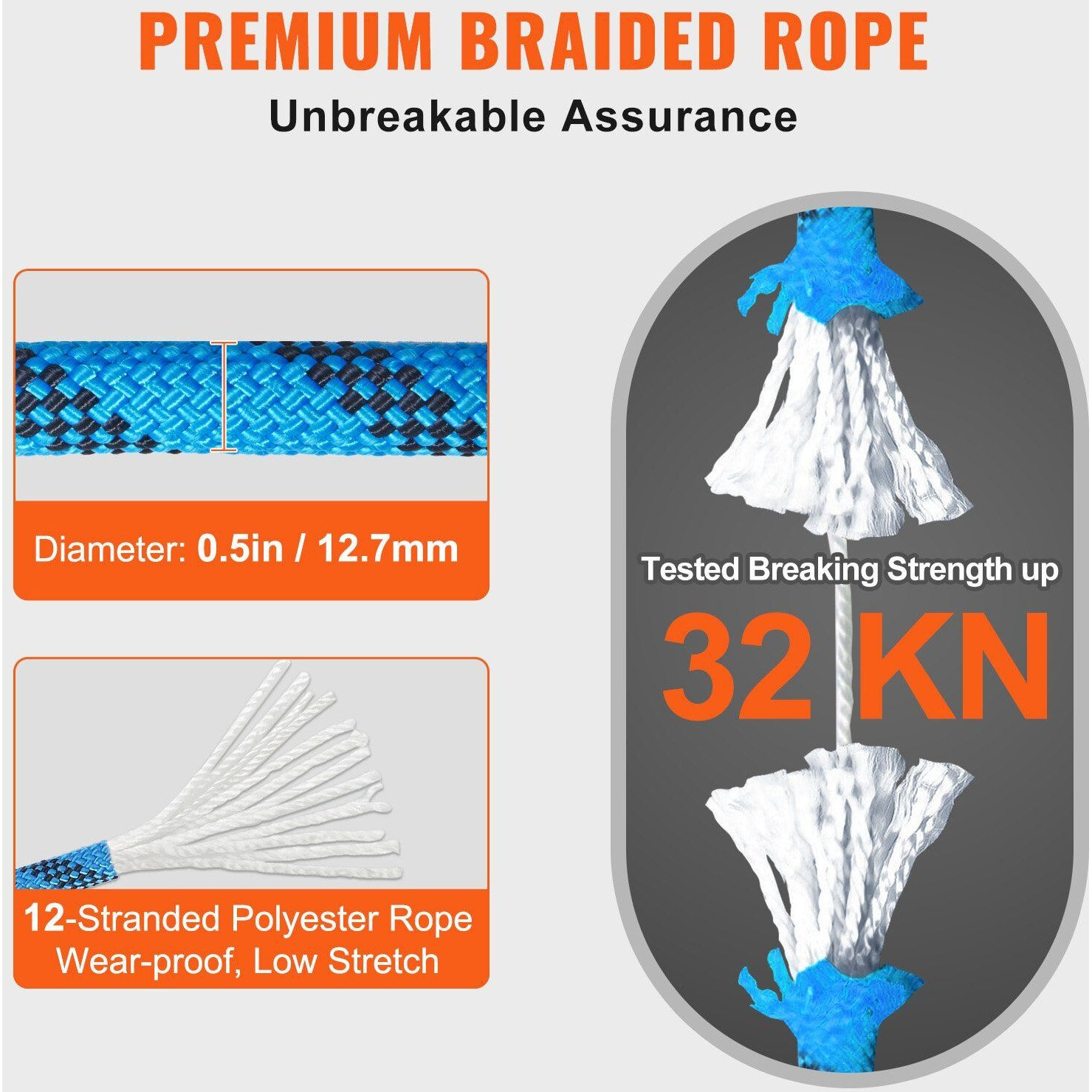 VEVOR 12.7mm Static Climbing Rope 38M(125ft) Outdoor Rock Climbing Rope Blue