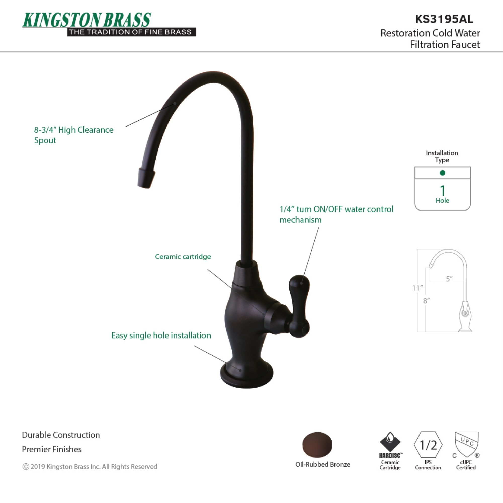 Kingston Brass KS3195AL Restoration Single Handle Water Filtration Faucet, Oil Rubbed Bronze