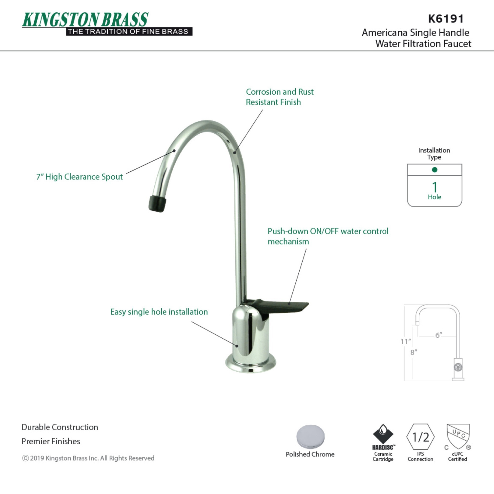 Kingston Brass K6191 Americana Single Handle Water Filtration Faucet, Polished Chrome