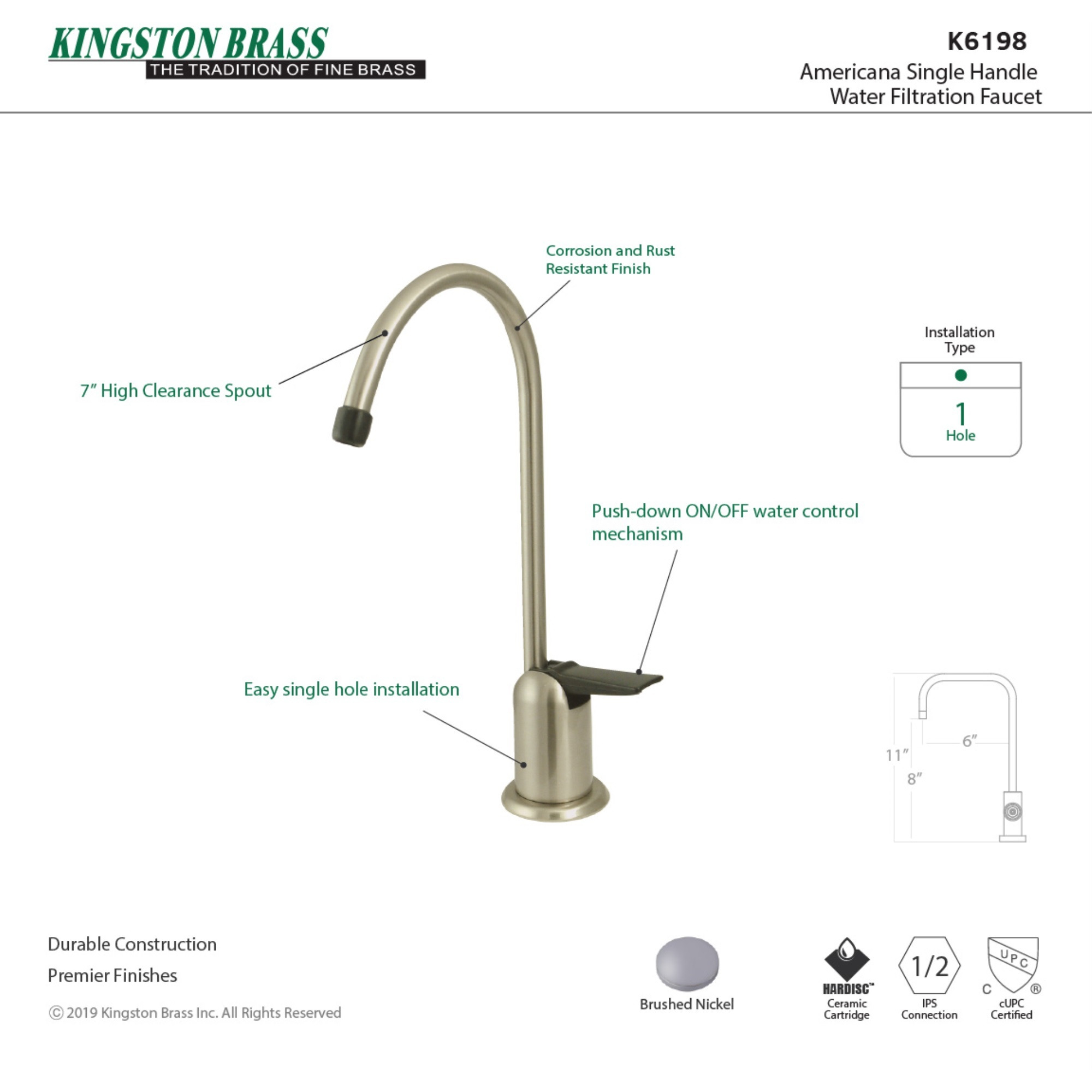 Kingston Brass K6198 Americana Single Handle Water Filtration Faucet, Brushed Nickel